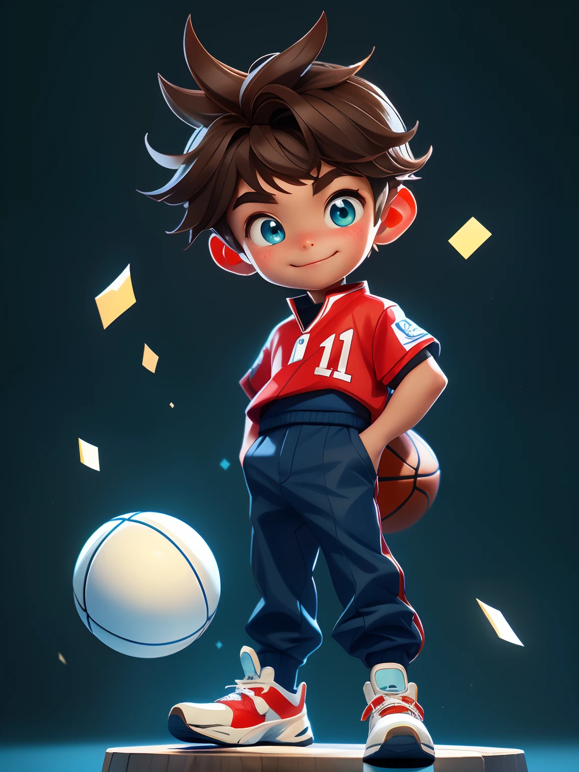 10 year old boy,Towards the future,tmasterpiece,HighestQuali,((Photorealsitic:1.4))tmasterpiece,(tmasterpiece,Best quality at best)Five cute little boys,Wearing a red and white jersey,Black basketball sneakers,basketball ball,Elaborate Eyes,happy grin,clean backdrop,Delicate sheen,8k,C4D,rendering,illustratio,very delicate beautiful,highly detailed CG,8k wallpaper,astounding,finely detailled,highly detailed CG Unity 8k wallpapers,hugefilesize,super detailing,超A high resolution,A high resolution,Very detailed,((very detailed eyes and faces)),美丽细致的眼睛,Very delicate face, perfect litthing,Facial light,Natural colors,((10-year-old boy)),From the front light