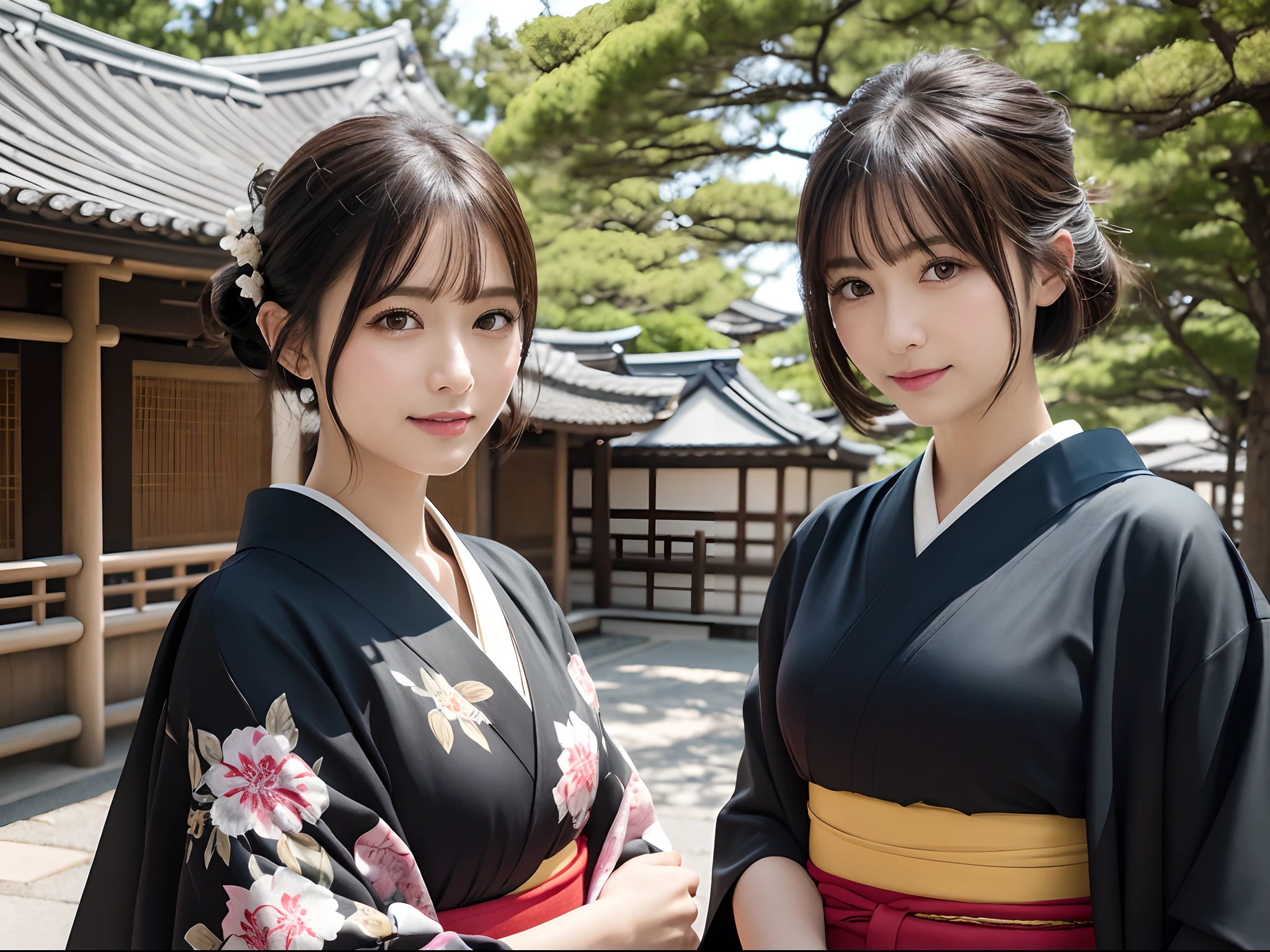 masutepiece, Best Quality, illstration, Ultra-detailed, finely detail, hight resolution, 8K quality wallpapers, Perfect dynamic composition, Beautiful detailed eyes, Kimono, Appearance of a well-formed kimono, (Black Shorthair), A slight smil, Looking at the camera, Kyoto Uzumasa Studio Park, Japan castle town