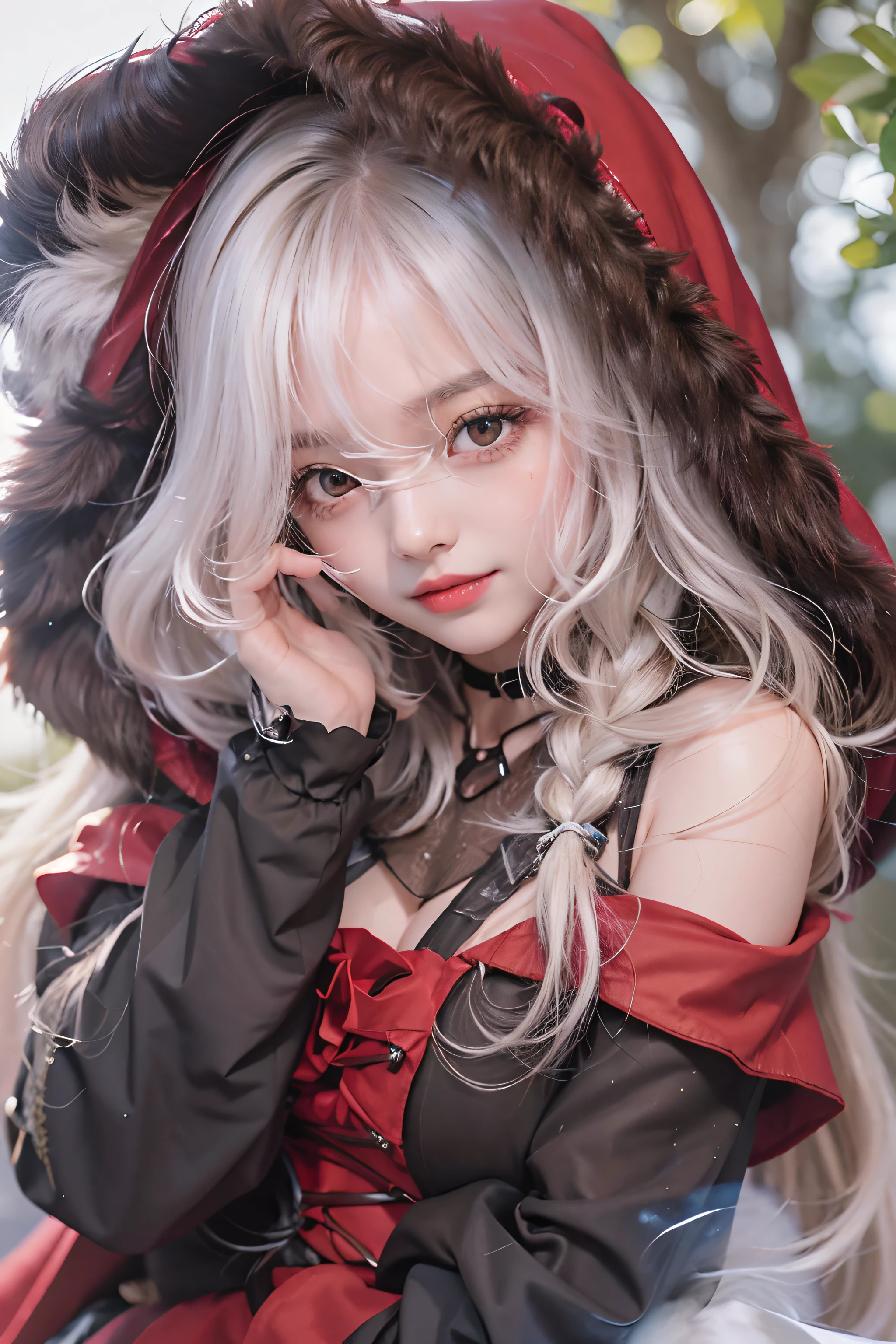 (Best Quality Detail)、realisitic、8K UHD、hight resolution、(1girl in)、((Anxious expression))、The ultra-detailliert、intricate detailes、High quality shadows、Detail Beautiful delicate face、Detail Beautiful delicate eyes、in her 20s、(The best smile)、Pretty Kpop Girl、(Korean Urzan Face)、(ulzzang -6500-v1.1:0.6)、pureerosface_v1、gloweyes、perfectbody、(Colossal tits)、 ((look at viewr))、Hasselblad, Carl zeiss, Incredible dynamic range photography(UTIL_Art by Smoose-768:1.1), (White hair color)、teak、Glossy lips、Natural color reproduction, ((strong lights))、(a choker)、((Brown eyes))、((Beautiful Finger))、(White hair), (Twin braids)、(Pattsun bangs)、(bangss)、 Shiny hair、Description beautiful delicate hair、(Lustrous skin)、(Little Red Riding Hood)、(red cape)、((Hood cover))、(a red skirt)、(corsets)、(forest at night)、((the wind))、