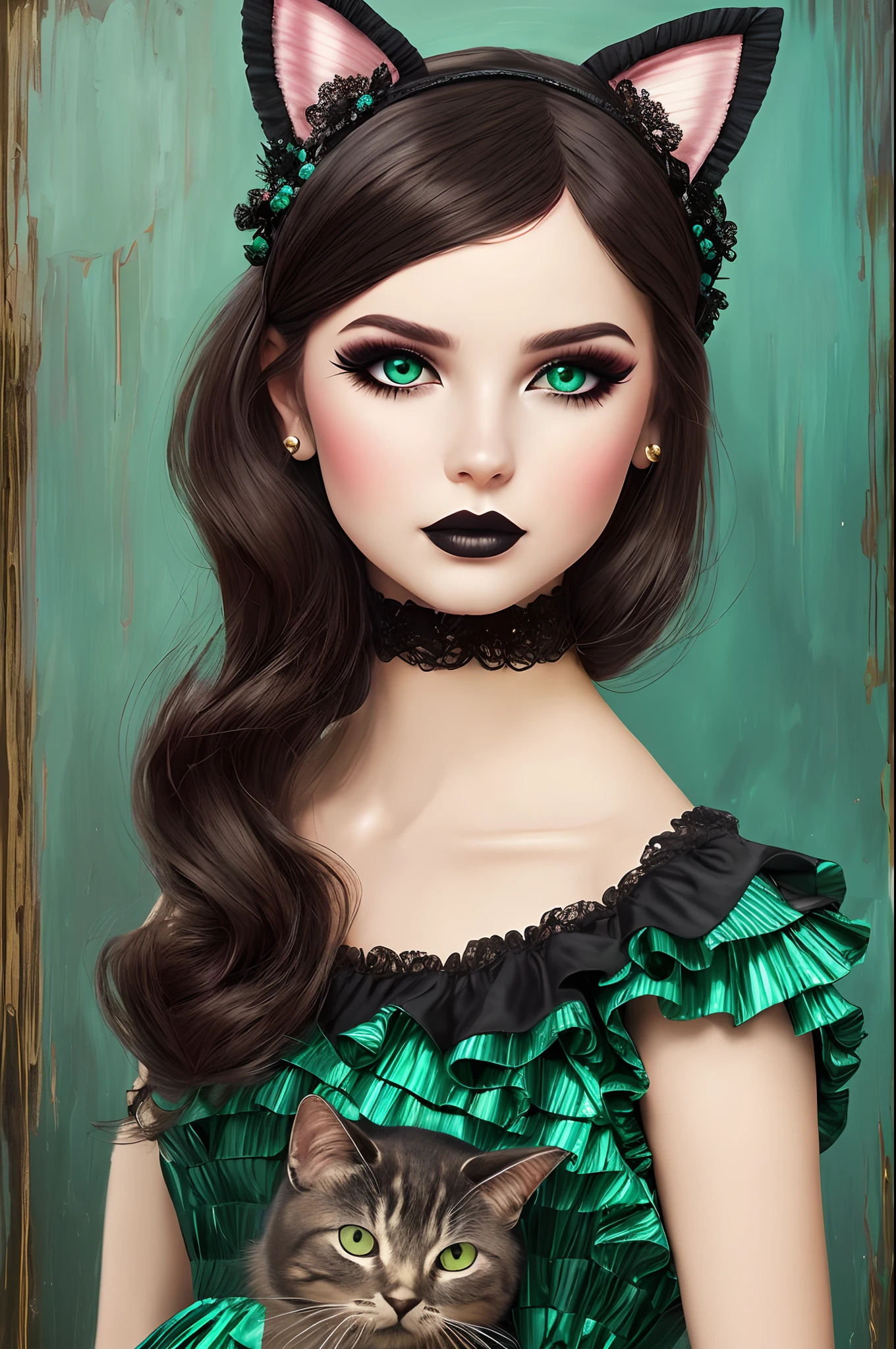 cute sweet Anabel , ssmile, Strong Gothic Makeup, Headband on black hair, Big bangs to the eyes, in a classic doll dress with a corrugated hem and tulle ruffles, A cat's head sticks out of the pocket of his dress, Gloomy foggy atmosphere, surrealism, The absurdity of cuteness, attractiveness and rejection of extraordinary appearance, Malachite background:0.2, ((Стиль Francesco-Francavilla)), ((A hyper-realistic)), Gradient by style, Complicated details, Intricate, aesthetics. Palette knife-oil painting, ((Best Quality, tmasterpiece)), (extreme hight detail), impressionism:0.2, Octane Render, 8K