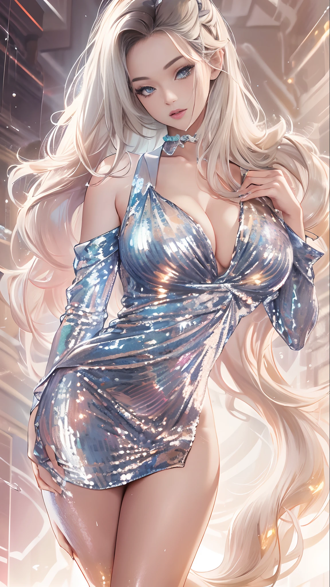 ((Best quality)), ((Masterpiece)), ((Detailed)), (Realistic), Intricate, 16k, hdr, RTX, Super sexy girl, Sexy silver blue gold ((Sequin party dress))Leaky buttocks,Liquid milk, Beautiful blonde hair and two tails.Sexual suggestiveness,Sexual ,With men,The subject
