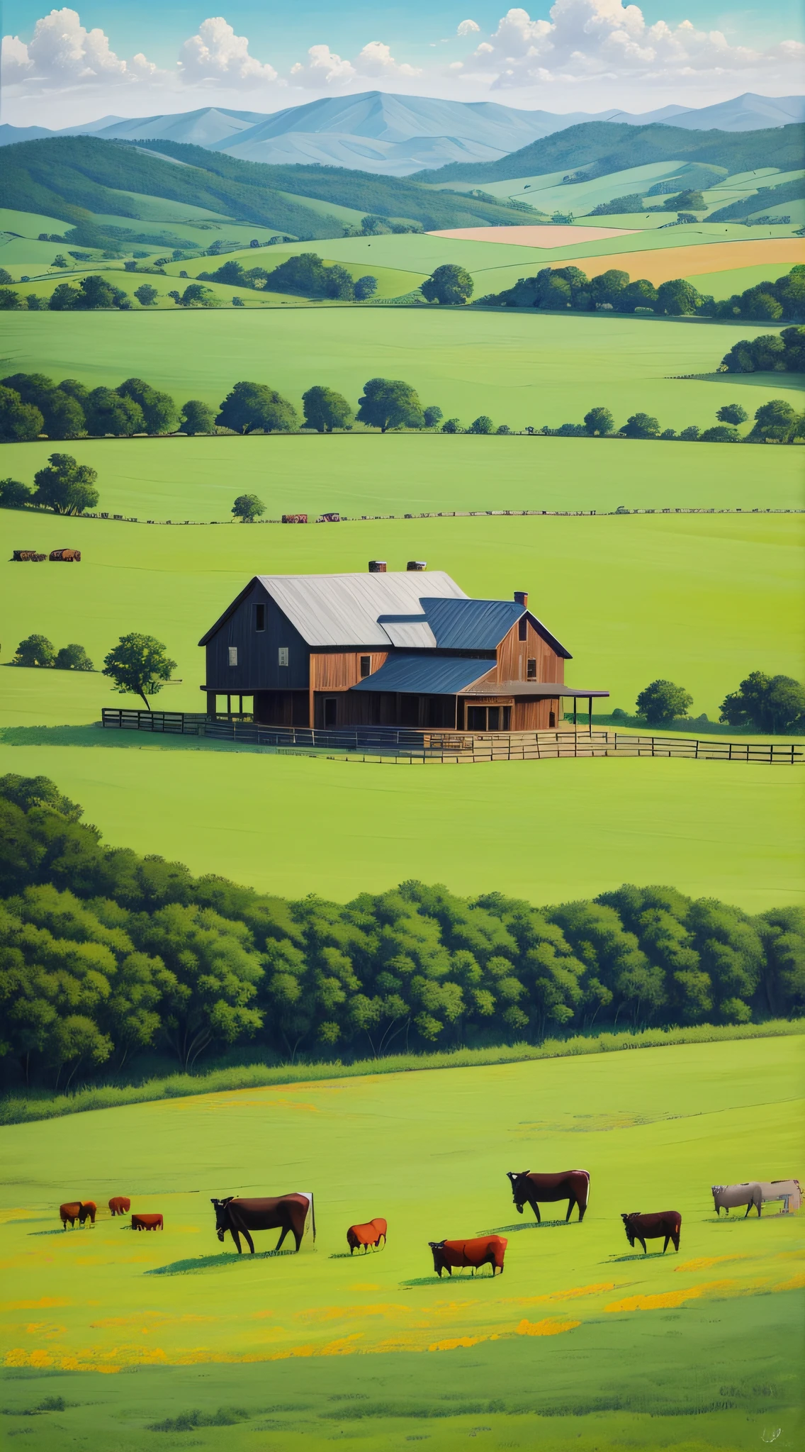 A peaceful countryside scene in the Republic of Texas, rolling hills, cattle grazing in lush green meadows, a rustic wooden farmhouse, a sense of tranquility and freedom, Painting, acrylic on canvas with vibrant colors