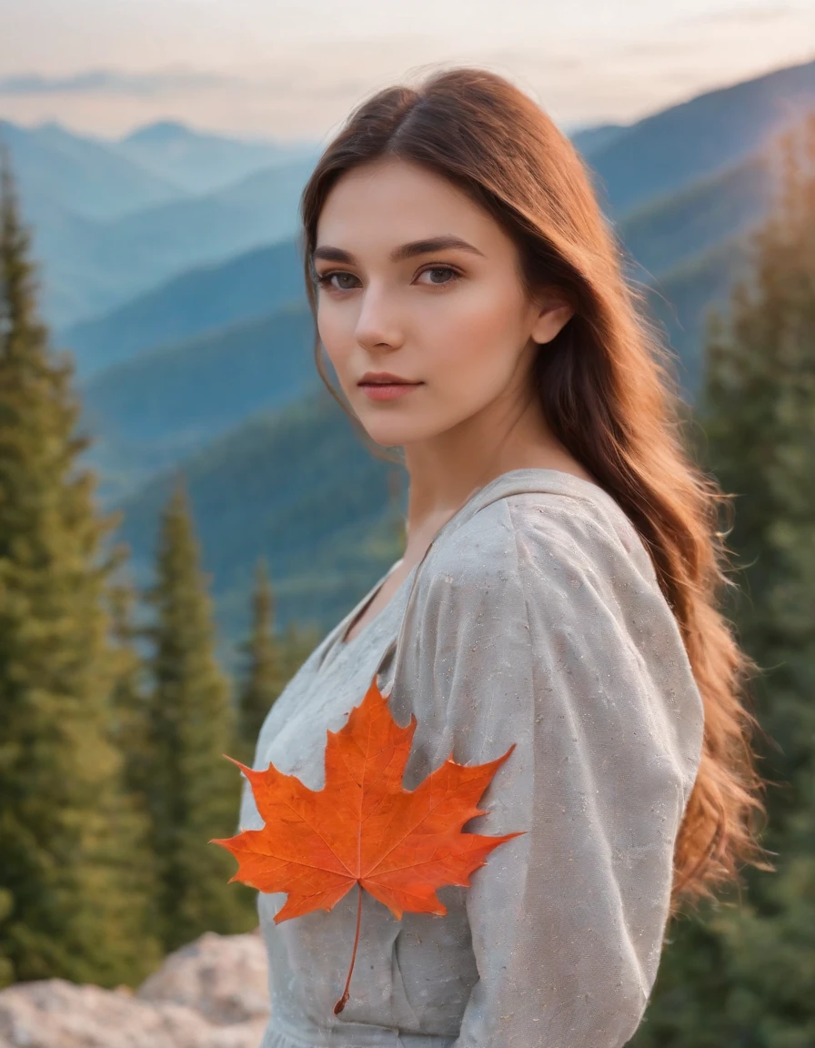 (beautiful skyline, magnificent sky), (dramatic and dramatic graphics, moving visuals), (hanging north star, colorful natural light), (an 18-year-old beautiful girl, bust), (casual dress, with backpack), (Canadian orange maple leaf mountain background)),upper body