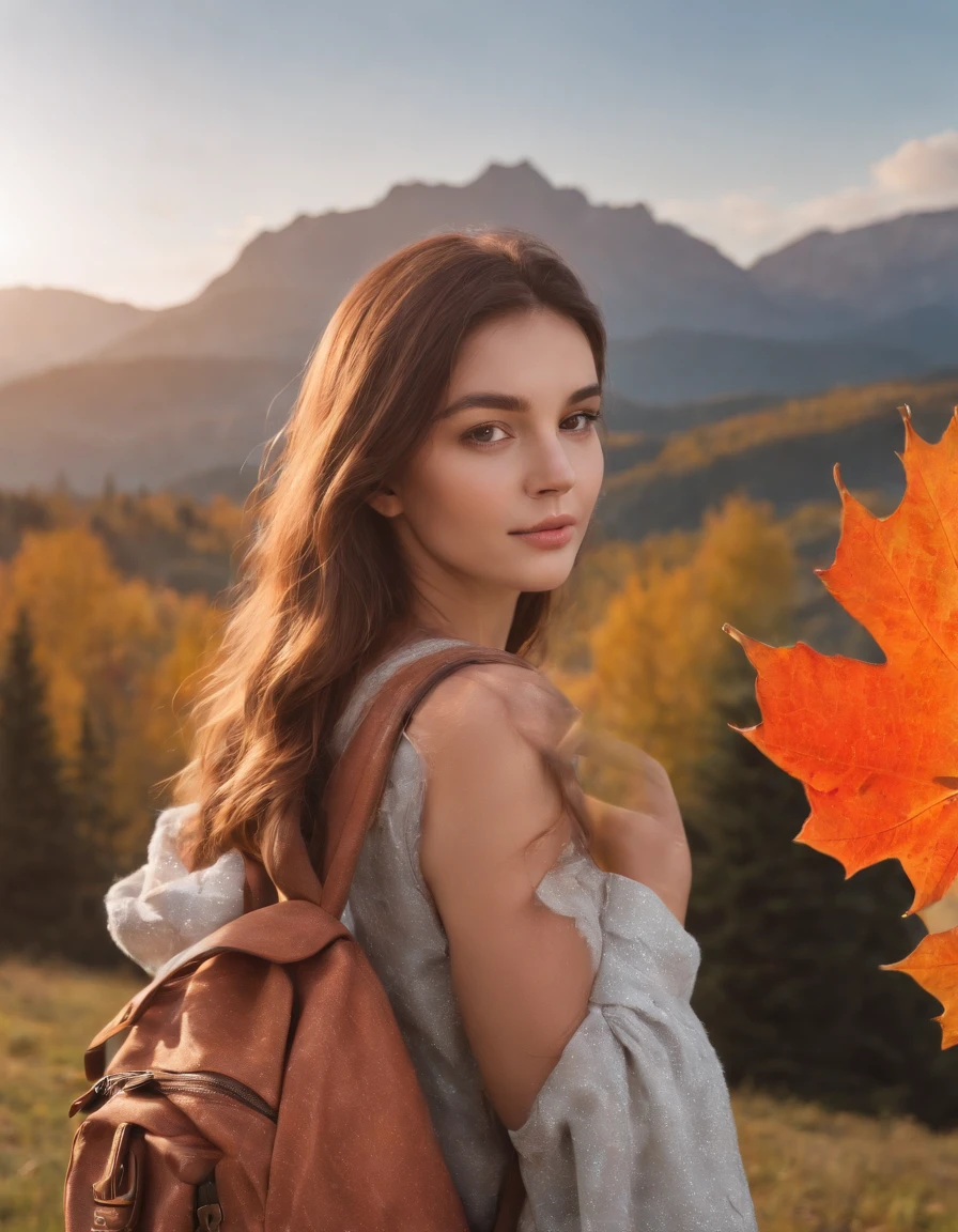 (beautiful skyline, magnificent sky), (dramatic and dramatic graphics, moving visuals), (hanging north star, colorful natural light), (an 18-year-old beautiful girl, bust), (casual dress, with backpack), (Canadian orange maple leaf mountain background)),upper body