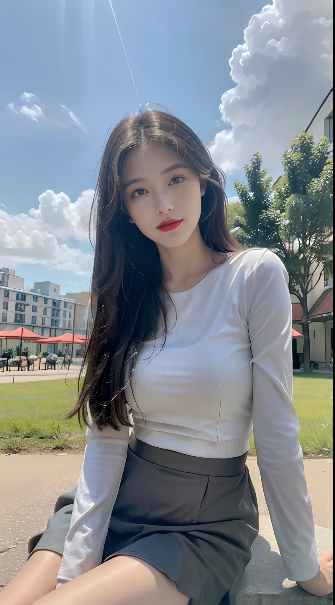 ((best qualtiy, 8K, tmasterpiece:1.3)), A pretty maiden，Pure，Melon seed face，gentle and cute，A sweet smile，Pure desire，Thin stature，(frontage)，(Tilt your head)，staring right into camera，uniform, Obi, formal，Black silky long, Straight hair，Long hair flowing over the shoulders，round black big eyes，Clear big eyes，Hydrated red lips，Sweet，Sit by the road，with blue sky and white clouds，Blue skies，grassy fields，Buildings，