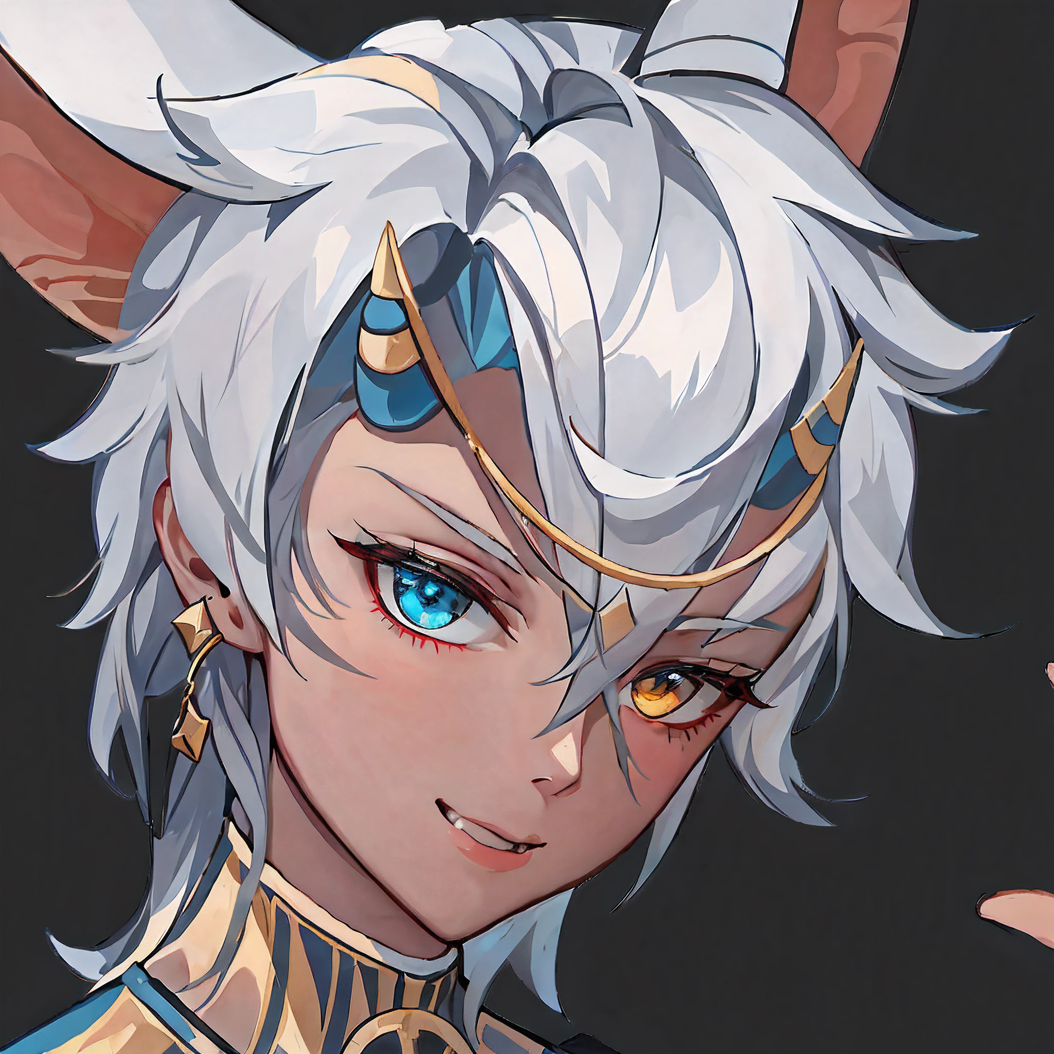 the sideview,((tmasterpiece, 4k wallpapers, Best Picture Quality)) grey blue Hair,One eye is blue,One eye is yellow,ssmile,the elf,Boy with short hair,elvish ears,light particules,tmasterpiece,looks into camera,His side is facing away from the audience,eyes looking at the lens,ssee-through,and a powerful face,Cartoon art style,Bright and lively colors,,Extremely detailed CG Unity 8K wallpaper,dramatics,UHD,Complicated details,Hand drawn board painting style,3D 到 2D,Big perspective,by Pixar: 1st style,brightly,Ink character style,realisticlying,meticuloso,2D,LORA,the detail,Portraits are realistic,You can almost feel the texture of her skin,Every intricate detail is captured by fine brushes! 5 Style,Extremely detailed CG Unity 8K wallpaper, Extremely delicate CG Unity 8K, dramatics, intricately details, 3D --s 750 -iw 2 -niji 5