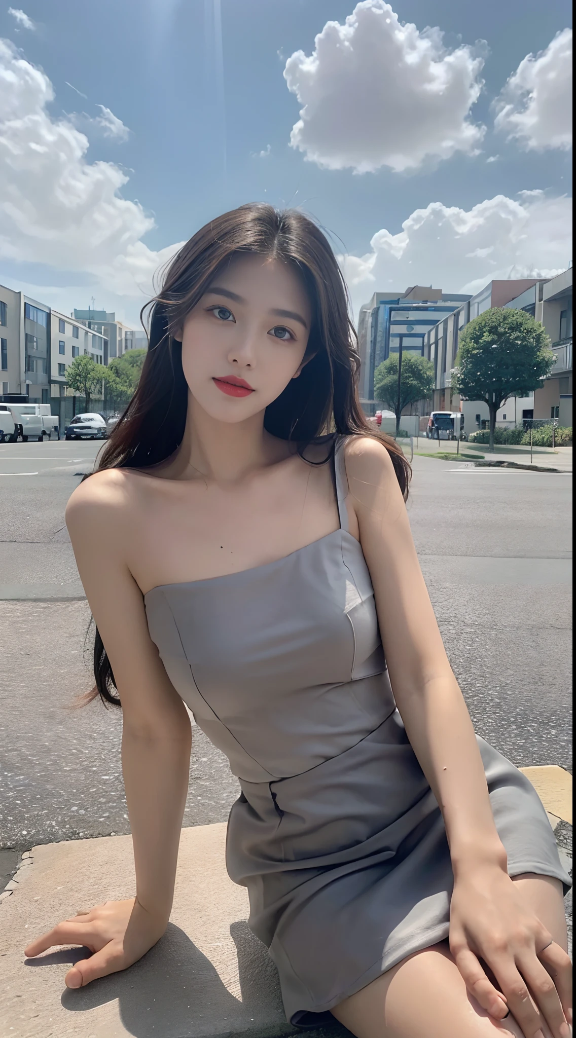 ((Best picture quality, 8K, tmasterpiece: 1.3)), self-shot, Sharp focus: 1.2, A cute beauty with a perfect figure: 1.4, Slim big breasts, ((Brown hair black)) , (Small flesh-colored dress,Highly detailed face,Happy expression,standing on your feet:1.2),((A city with blue skies and white clouds,At the cafe:1.3. Produced with a major focus on women)),Highly detailed facial and skin texture,Detailed eyes,二重まぶた
