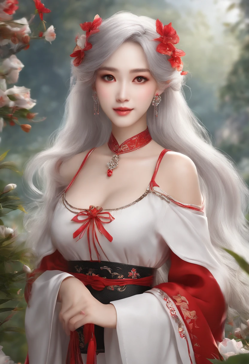 (best quality,highres,masterpiece:1.2),ultra-detailed,realistic:1.37,fairytale style,1girl,petite figure,B-cup, silver hair, red eyes, pointed ears, full body shot, slim figure, captivating beautiful eyes, vibrant red irises, waist-length long hair, Chinese-inspired facial features。