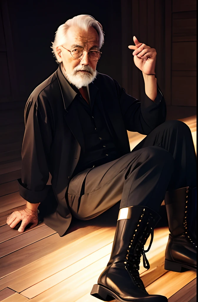 with a goatee,Old gentleman in black riding boots,Show off his boots,The light source is in the upper left corner。