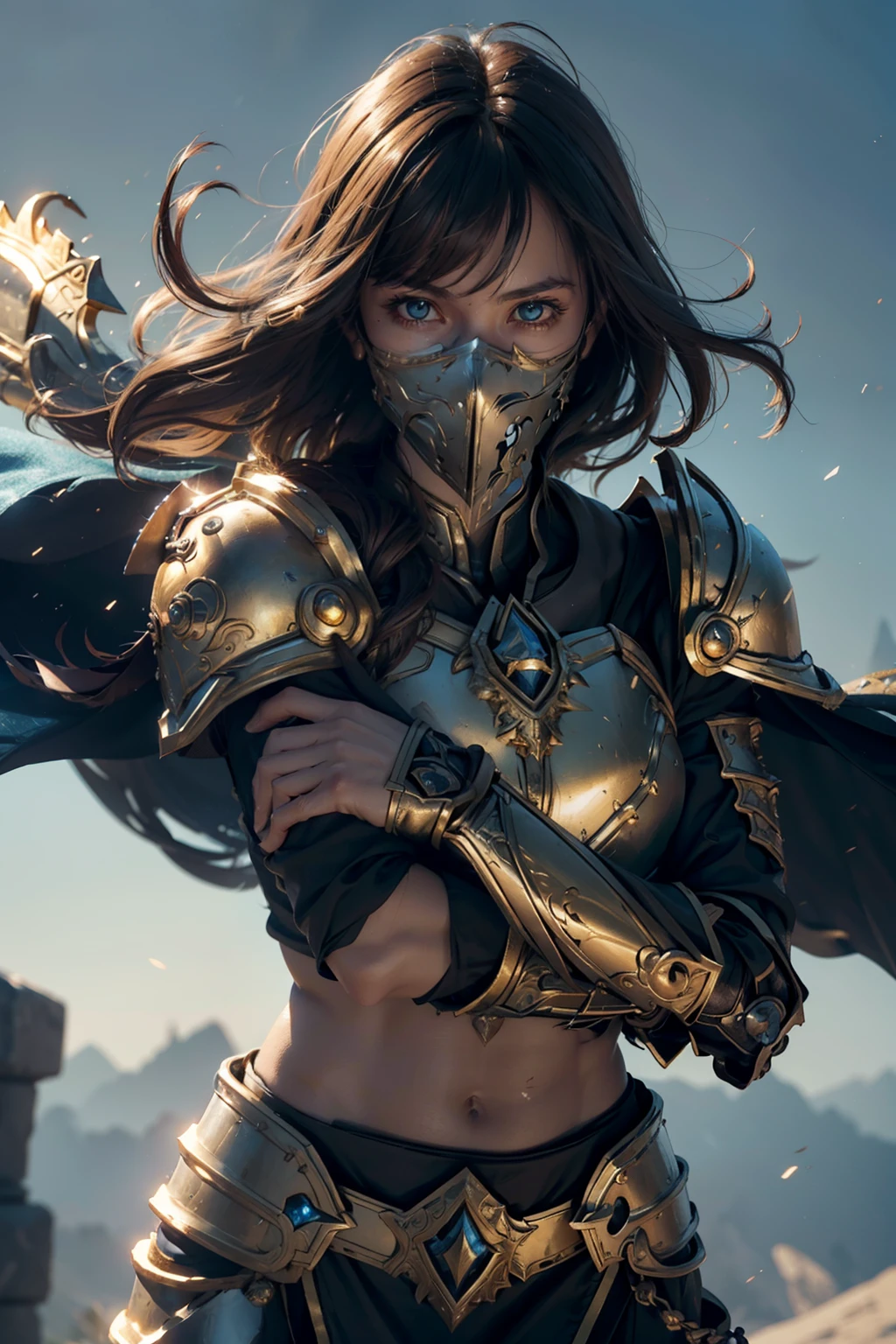 ((Well toned abs)), 8K, Ultra Definition, Mask pieces, of the highest quality, (Very detailed), Dynamic angles, mysterious look, Wind-effect, Fantasy background, Rim lighting, Cinematic lights, Ultra High Resolution, 8K UHD, Film grain, better shadows, Gentle, raw, light Particle, Detailed skin texture, detailed armor texture, Detailed face, Intricate details, super detailed, Bright, Strong, golden armour, (Holding hammer), Slashing, Crushing action, pauldron, Long cape, Fantasy, (Realistic), Shoulder Armor, Convoluted, with an intricate, Perfect Lighting, watching viewer, Cinematic lighting, Flying Keywords: Flying, Holy Light, Vibrant, Bangs, Wind, Paladin
