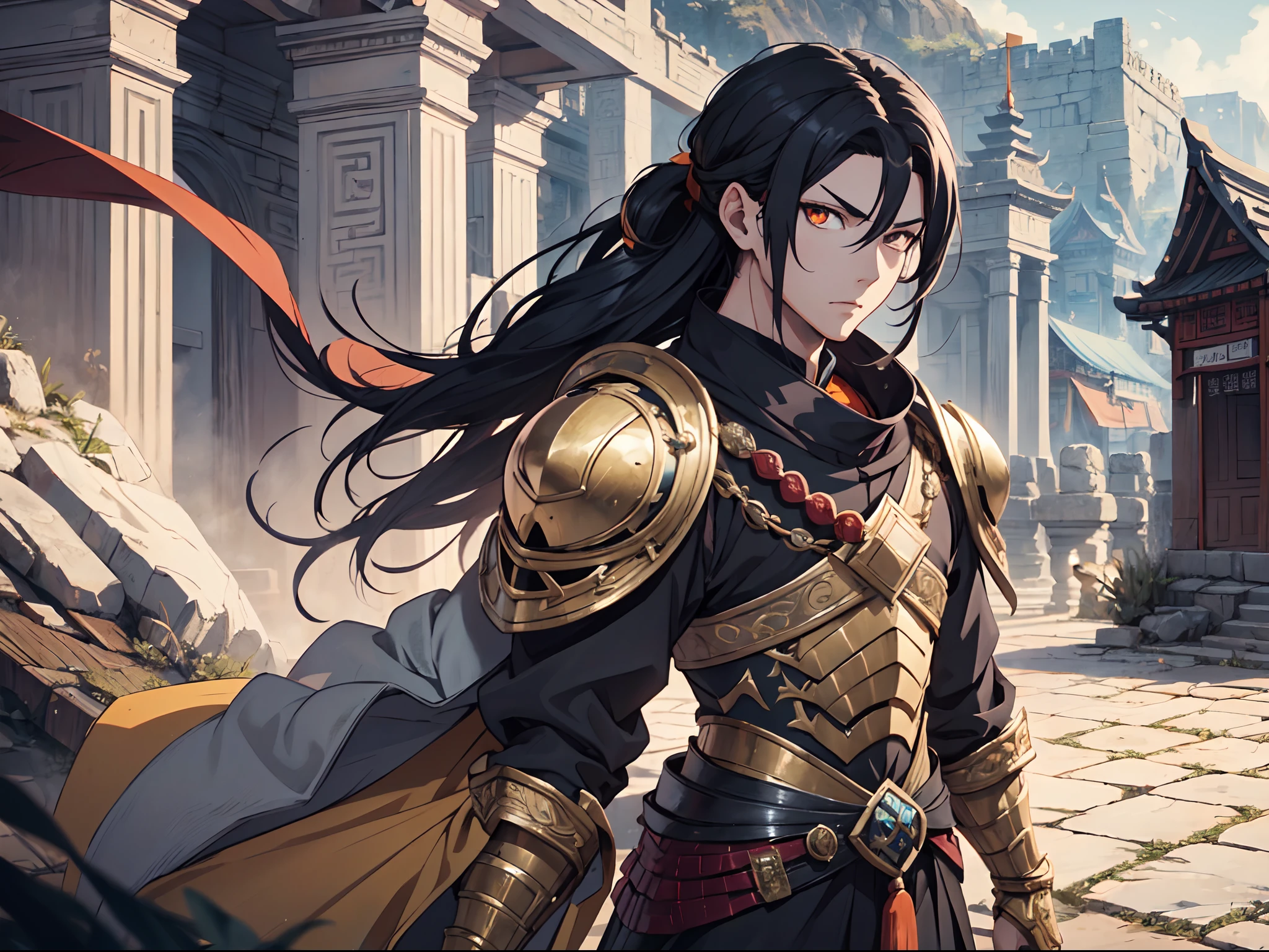 Ultra High Definition, Ultra High Quality, Extremely Detailed, Perfectly Detailed, Masterpiece, 8k, 1 Boy, Look A Like Xin From Kingdom Anime, Handsome, Armored With Chinese Emperor Armor, Black And Orange Pupil Eyes, Black Long Hair Tied, Full Body Shot, Ancient Kingdom Background