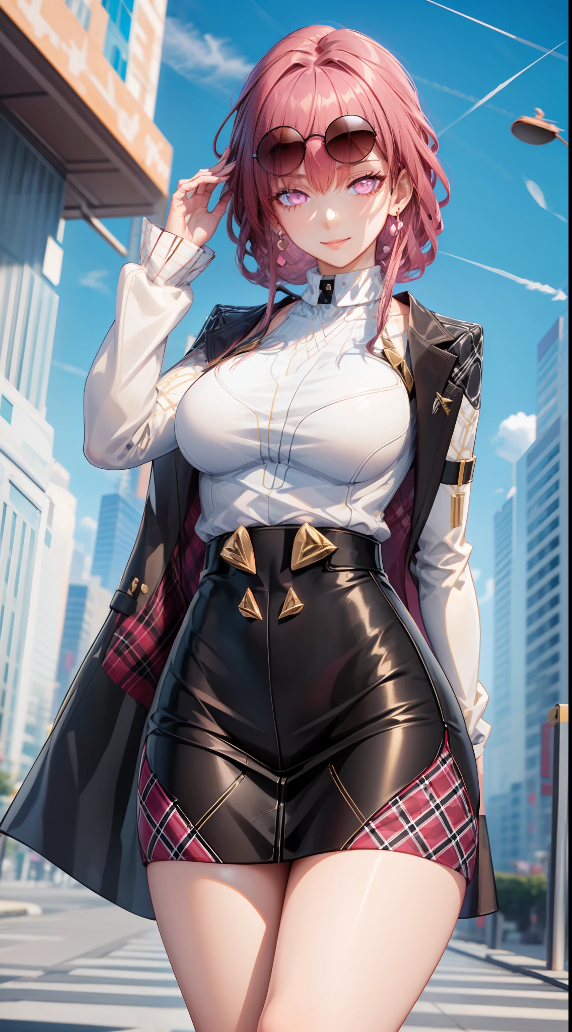 8k, highres, ultra detailed, (masterpiece:1.4), best quality, symmetrical body, (tight black roll-neck sweter:1.4), (beige pencil skirt with plaid pattern:1.4), (sunglasses:1.4), cute, solo, earrings, short hair, fuchsia hair, pink eyes, glow effect, finely eye, grinning, wide smile, detailed face, looking at viewer, smilling at viewer, office, standing, angled view, big breasts, teasing, seductive look