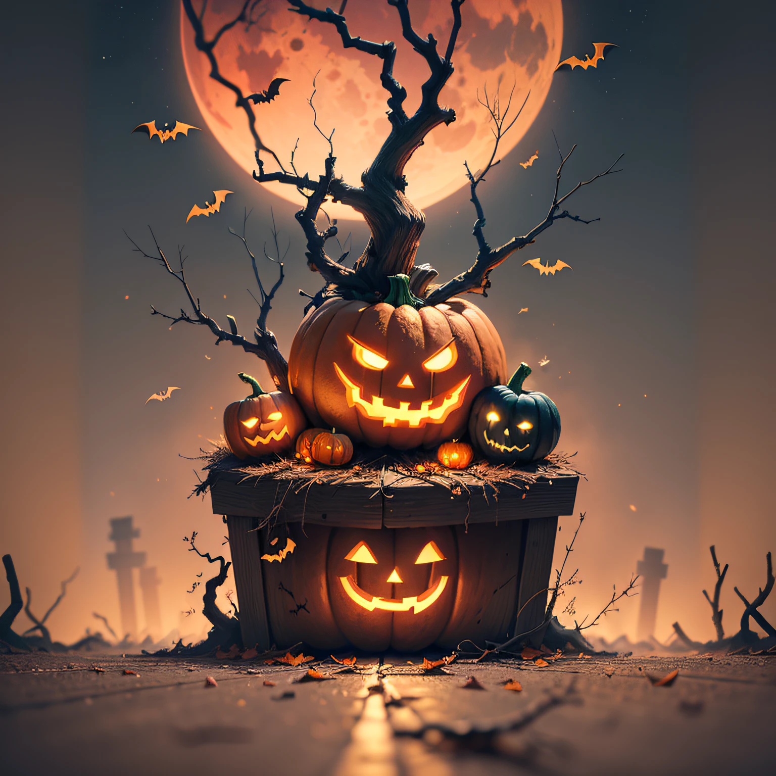 I want a frame, square and with black leaf patterns, a skull on the left side, a wizard house on the right side, and Halloween pumpkins in the background