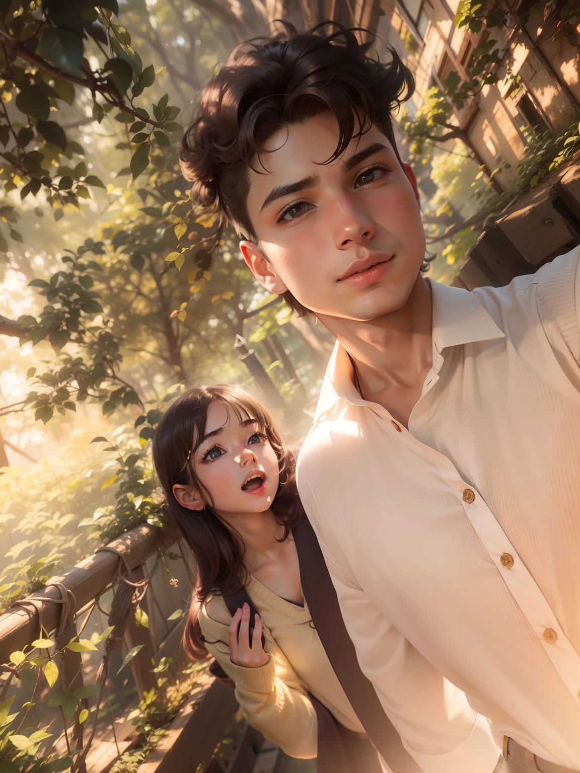 Change background beautiful nature beautiful girl and boy, realistic face, 8k,