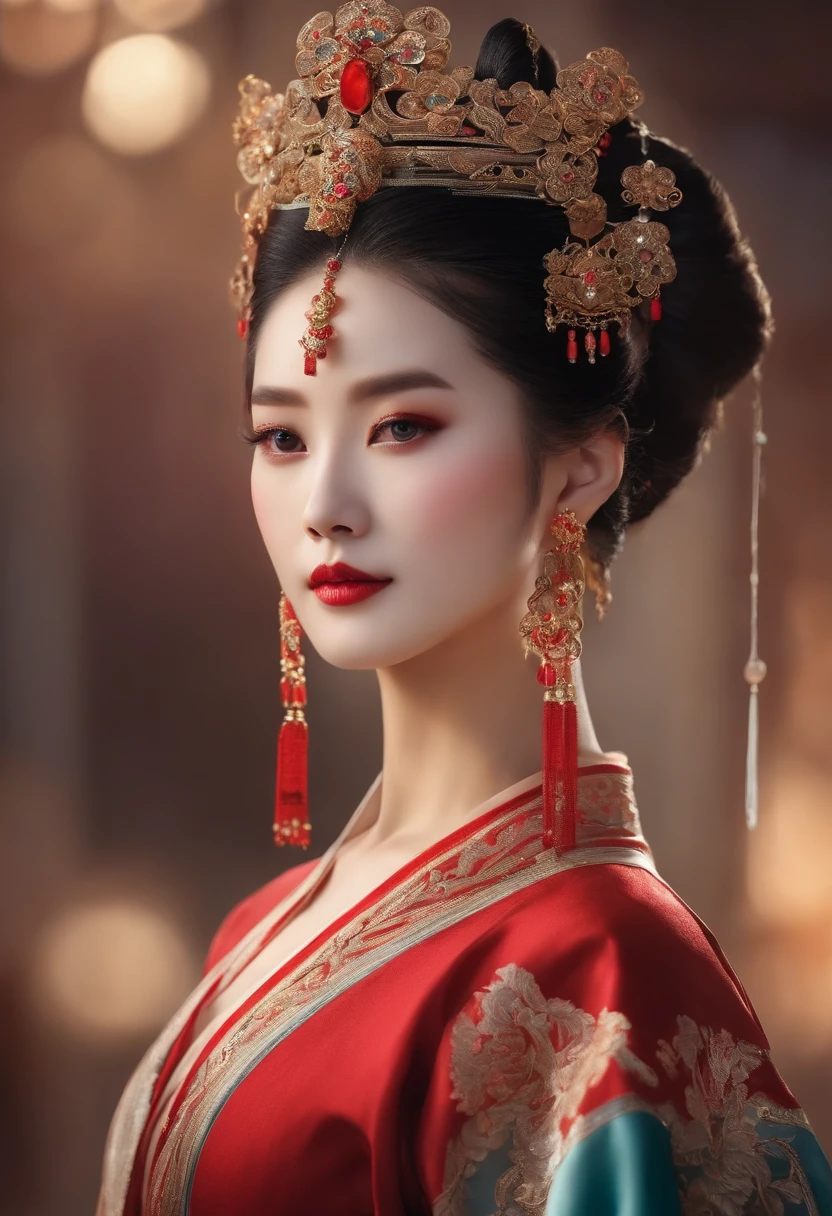A close-up of a woman with a lot of gems in her bun, Princesa chinesa antiga, ancient chinese beauti, Chinese girl, ancient asian dynasty princess, ancient china art style, Chinese woman, Wearing ancient Chinese clothes, China Princess, Chinese traditional, Beautiful rendering of the Tang Dynasty, Palace ， A girl in Hanfu, Chinese style, inspired by Du Qiong, Beautiful character painting，Stand in front of the magnificent palace