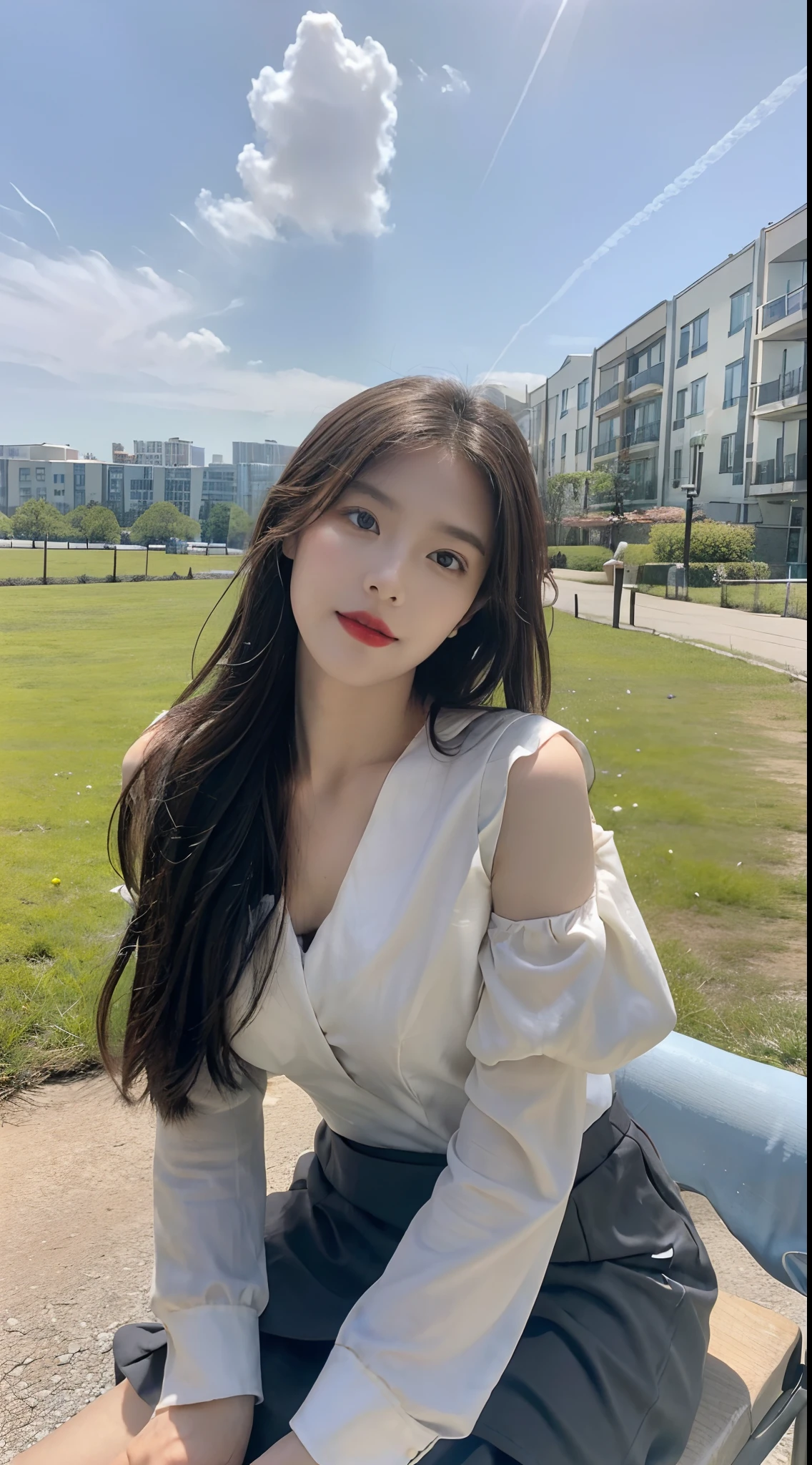 ((best qualtiy, 8K, tmasterpiece:1.3)), A pretty maiden,Pure,Melon seed face,gentle and cute,A sweet smile,Pure desire,Thin stature,(frontage),(Tilt your head),staring right into camera,uniform, Obi, formal,Black silky long, Straight hair,Long hair flowing over the shoulders,round black big eyes,Clear big eyes,Hydrated red lips,Sweet,Sit by the road,with blue sky and white clouds,Blue skies,grassy fields,Buildings,
