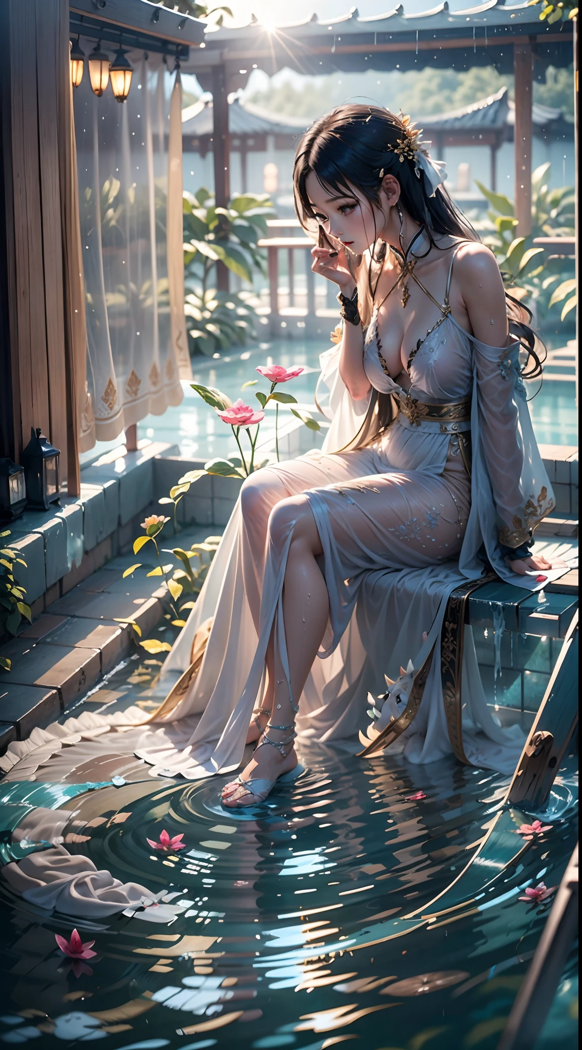 a beauti, 独奏, Eau, afloat, Long yarn dress, Wet, Depth of field, Perspective overlooking sexy
