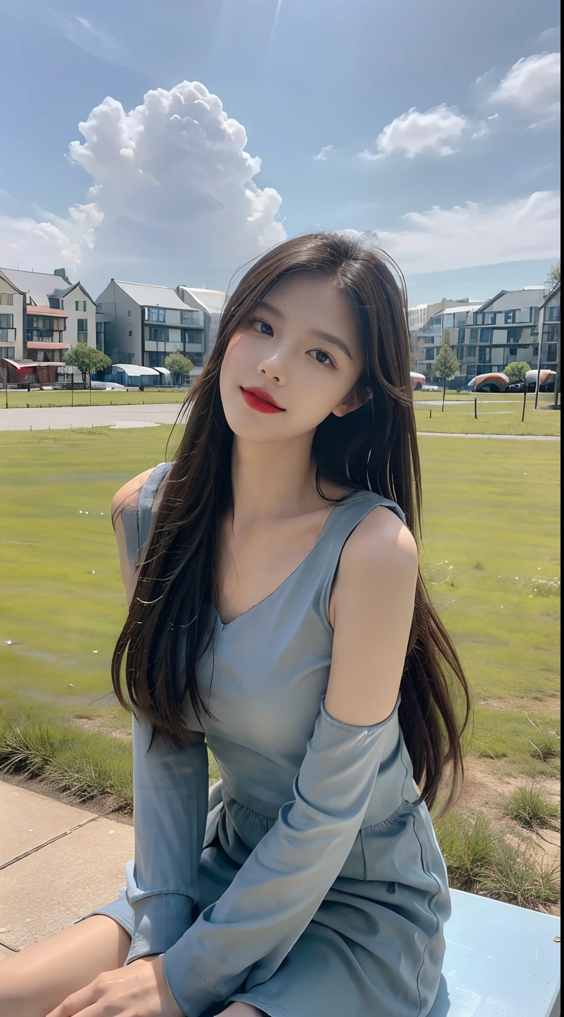 ((best qualtiy, 8K, tmasterpiece:1.3)), A pretty maiden,Pure,Melon seed face,gentle and cute,A sweet smile,Pure desire,Thin stature,(frontage),(Tilt your head),staring right into camera,uniform, Obi, formal,Black silky long, Straight hair,Long hair flowing over the shoulders,round black big eyes,Clear big eyes,Hydrated red lips,Sweet,Sit by the road,with blue sky and white clouds,Blue skies,grassy fields,Buildings,