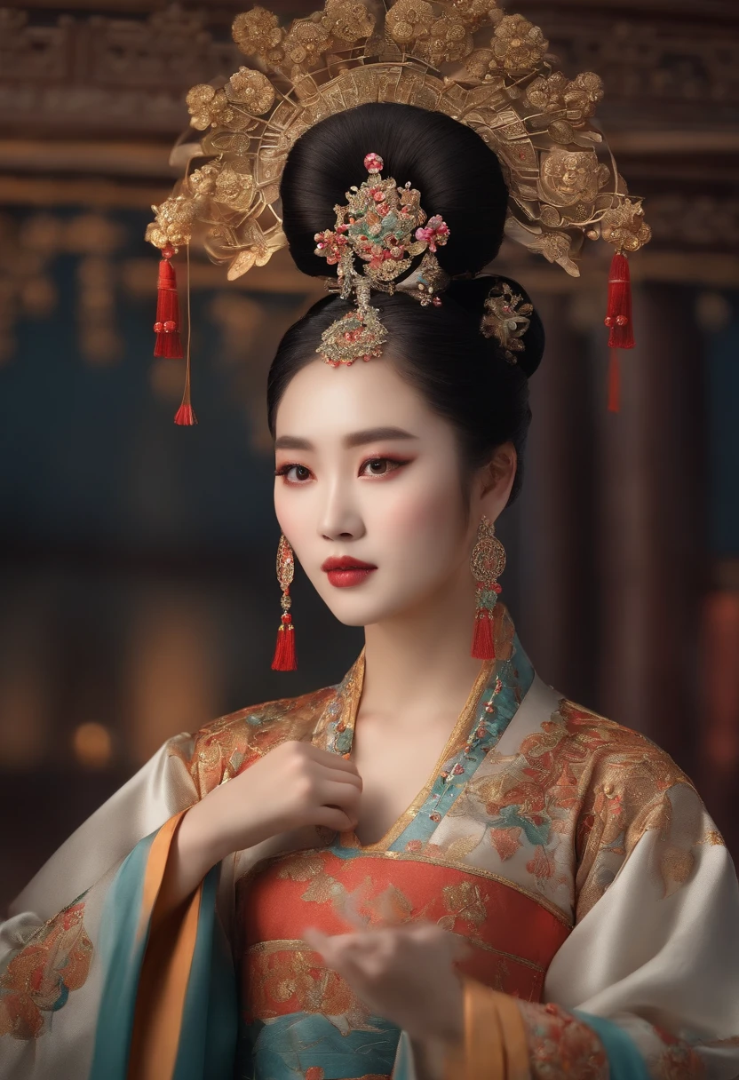 A close-up of a woman with a lot of gems in her bun, Princesa chinesa antiga, ancient chinese beauti, Chinese girl, ancient asian dynasty princess, ancient china art style, Chinese woman, Wearing ancient Chinese clothes, China Princess, Chinese traditional, Beautiful rendering of the Tang Dynasty, Palace ， A girl in Hanfu, Chinese style, inspired by Du Qiong, Beautiful character painting，Stand in front of the magnificent palace for a full-body photo on the front