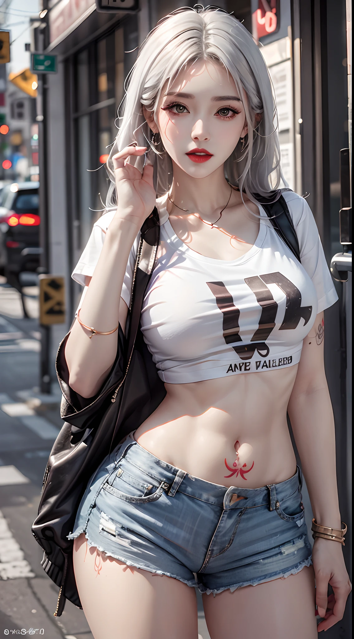 photorealistic, high resolution, 1women, mature female, solo, hips up, jewelry, tattoo, street wear, t-shirt, white hair, shorts, make up, red lips