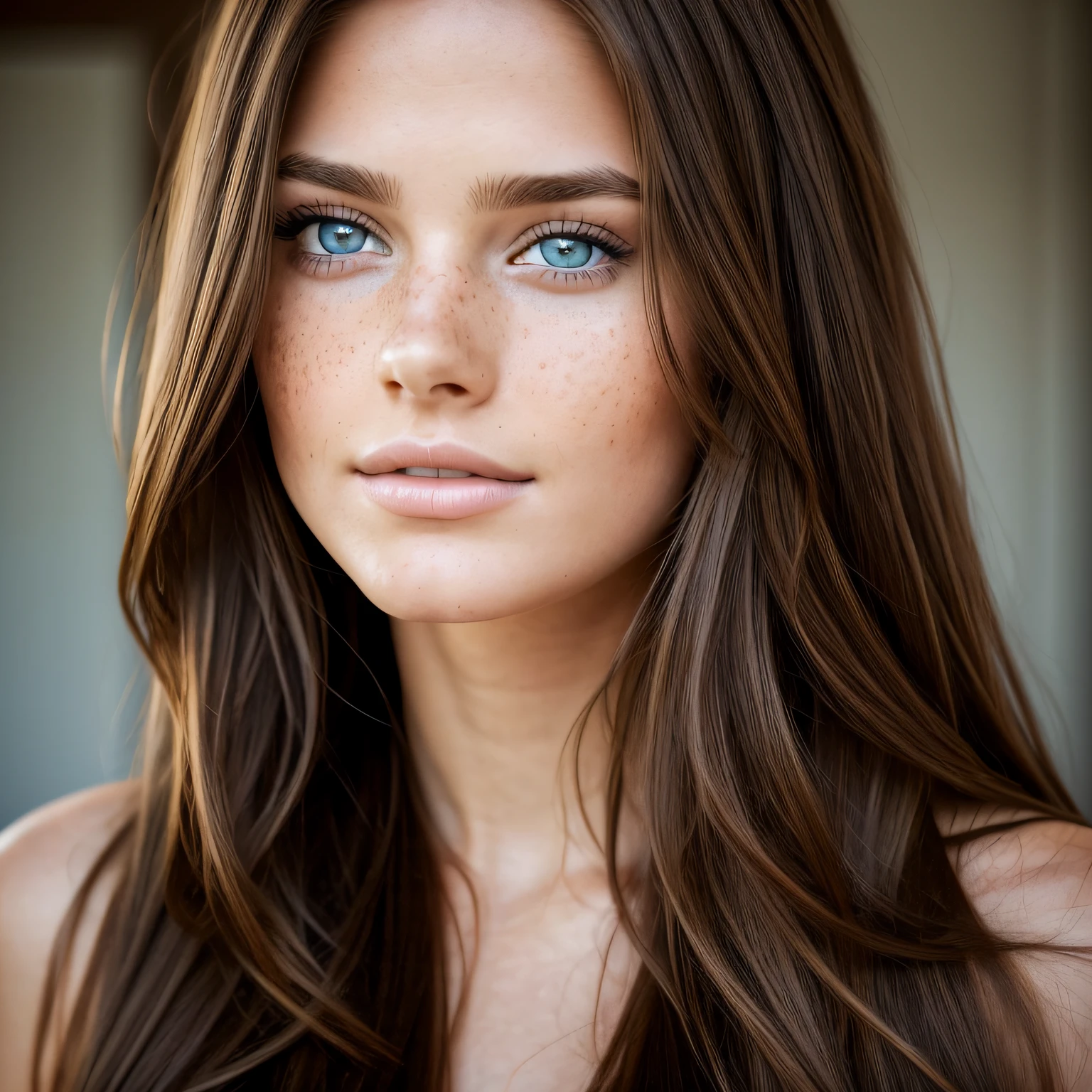 Gorgeous woman with long brown hair and blue eyes, portrait shot 8 k, beautiful female model, attractive beautiful face, photorealistic beautiful face, beautiful, attraktives Gesicht, beautiful portrait photo, Beautiful face Freckles on the face, Cinematically beautiful natural skin, beautiful model girl, beautiful girl model, Foto im Haus