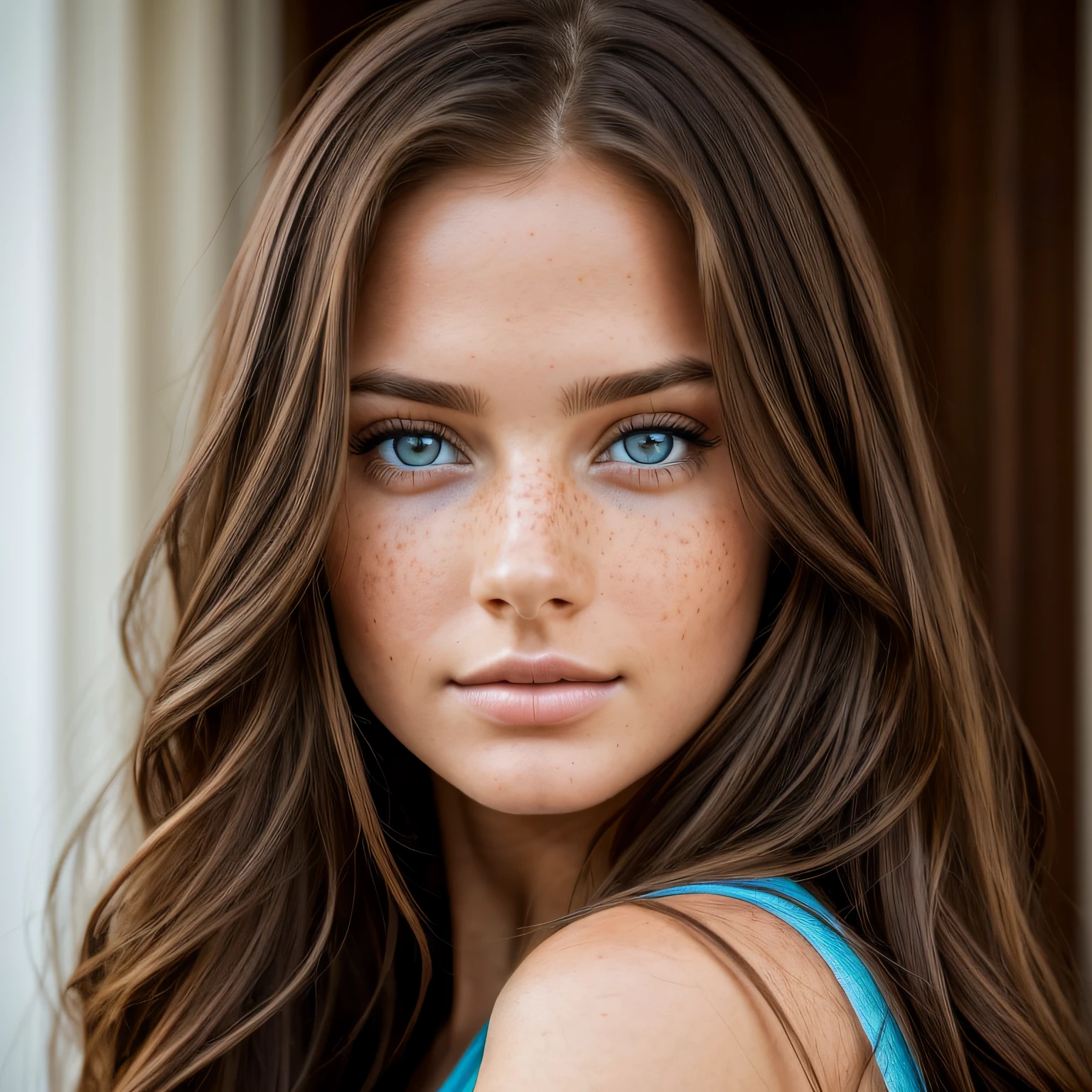 Gorgeous woman with long brown hair and blue eyes, portrait shot 8 k, beautiful female model, attractive beautiful face, photorealistic beautiful face, beautiful, attraktives Gesicht, beautiful portrait photo, Beautiful face Freckles on the face, Cinematically beautiful natural skin, beautiful model girl, beautiful girl model, Foto im Haus