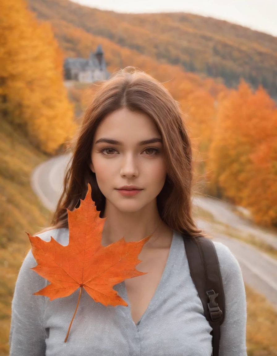 (beautiful skyline, magnificent sky), (dramatic and dramatic graphics, moving visuals), (hanging north star, colorful natural light), (an 18-year-old beautiful girl, bust), (casual dress, with backpack), (Canadian orange maple leaf mountain background)),upper body