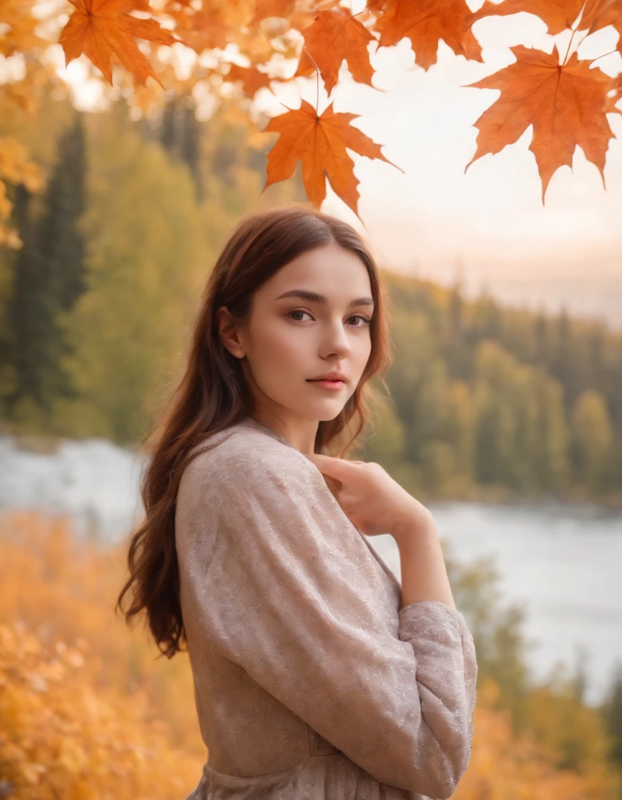 (beautiful skyline, magnificent sky), (dramatic and dramatic graphics, moving visuals), (hanging north star, colorful natural light), (an 18-year-old beautiful girl, bust), (casual dress, with backpack), (Canadian orange maple leaf mountain background)),upper body