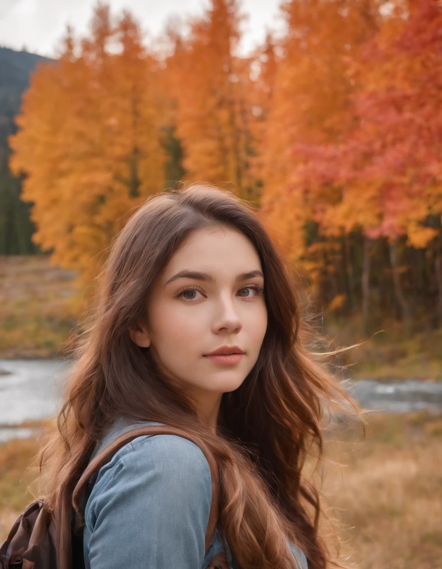 (beautiful skyline, magnificent sky), (dramatic and dramatic graphics, moving visuals), (hanging north star, colorful natural light), (an 18-year-old beautiful girl, bust), (casual dress, with backpack), (Canadian orange maple leaf mountain background)),upper body
