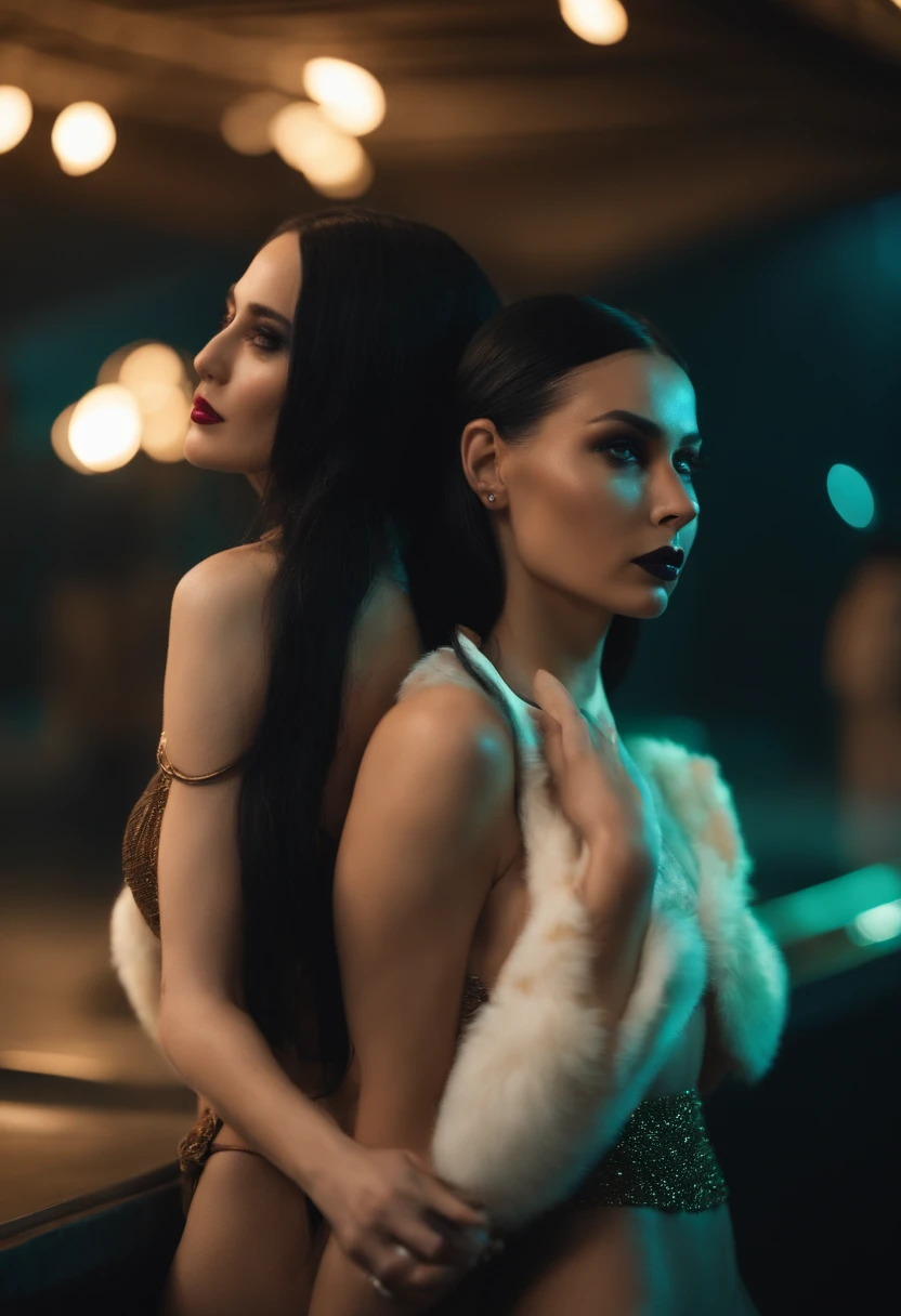 2woman hugging each other, hands over crotch, (one woman hasgreen eyes, white skin, long black hair, ponytail, choker, small breasts, lipstick, makeup, eyeliner), (other woman is a blonb with brown eyes), wearing a neon sexy outfit, on the pool, (cyberpunk theme), (masterpiece, best quality, 8k, sharp focus, depth of field, best shadows, perfect lights, HDR, realistic skin texture, ultra-detailed and detailed background),