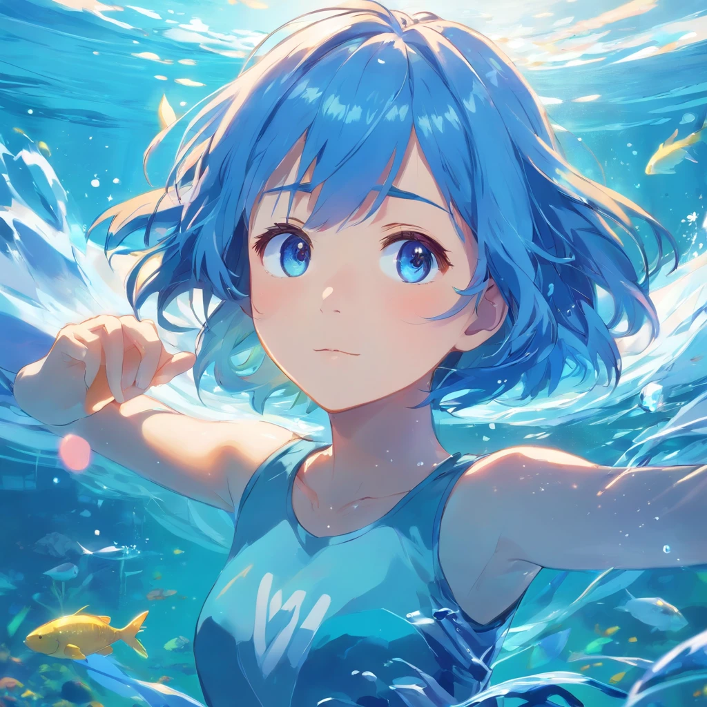 "Gentle Knight, Girl in the water, Blue hair, Vivid eyes, dream, underwater background, animesque. Bright colors"
