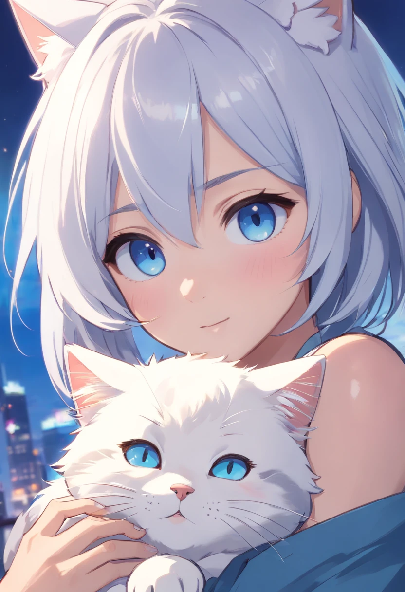 A cartoon cat with blue eyes,White hair,cute-style
