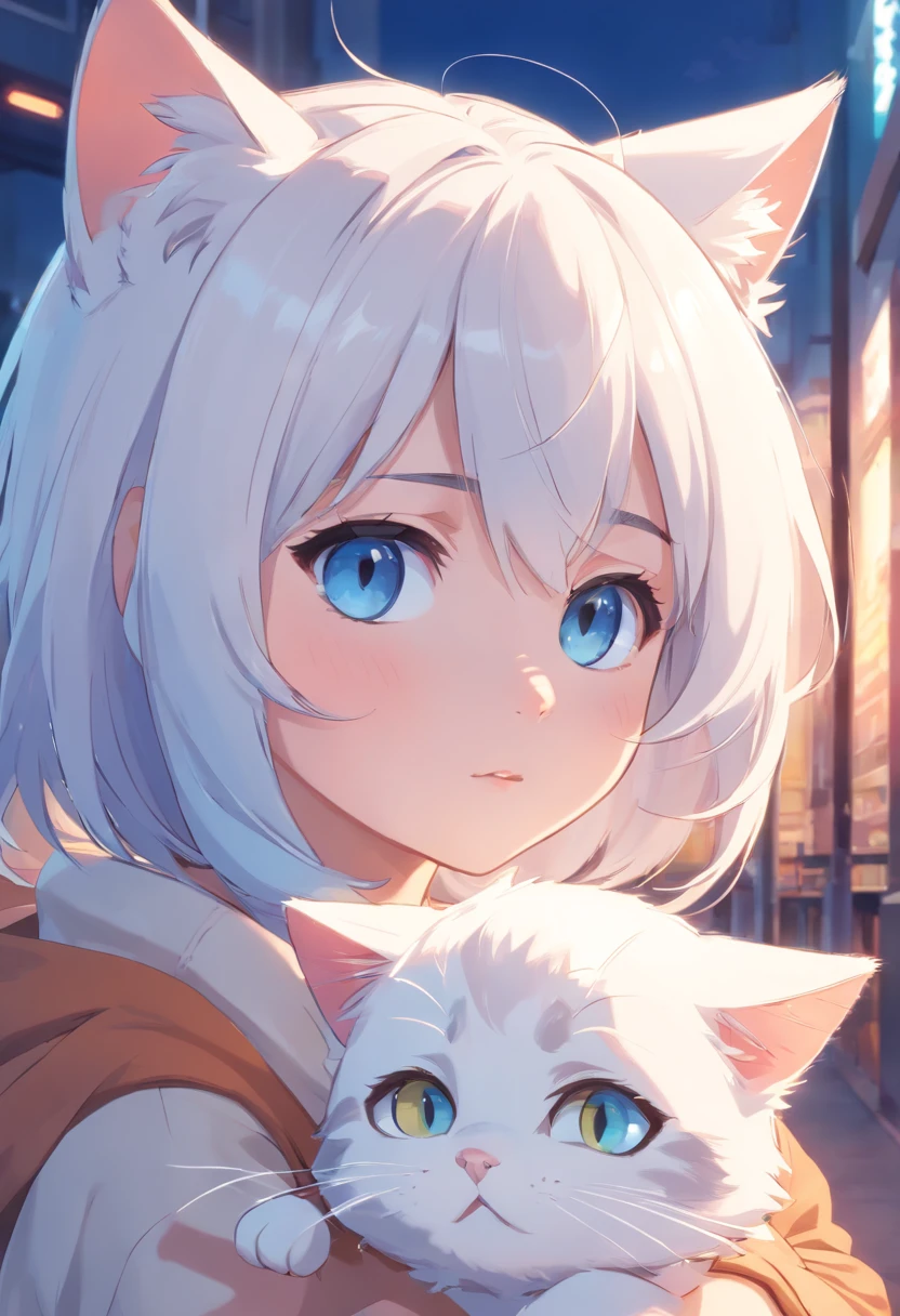 A cartoon cat with blue eyes,White hair,cute-style