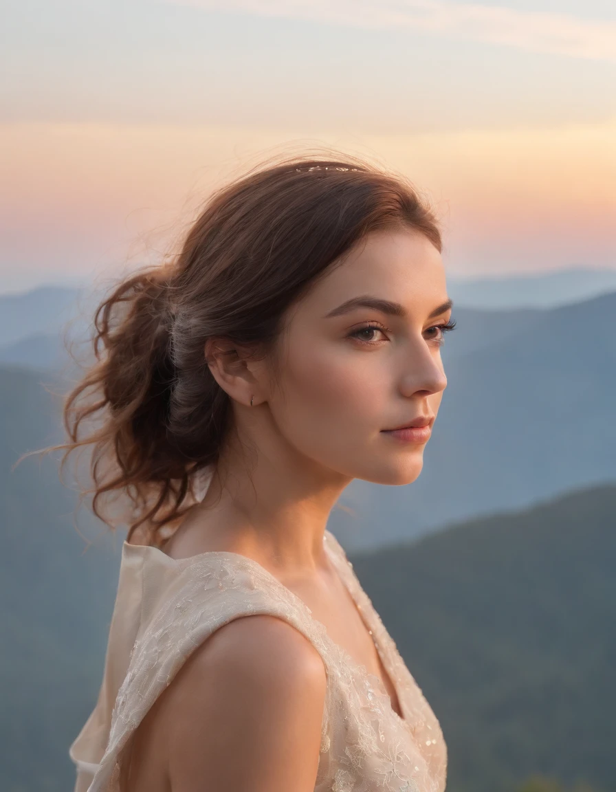 (beautiful skyline, magnificent sky), (dramatic and dramatic graphics, moving visuals), (hanging north star, colorful natural light), (an 18-year-old beautiful girl, bust), (casual dress, with backpack), (Canadian orange maple leaf mountain background)),upper body