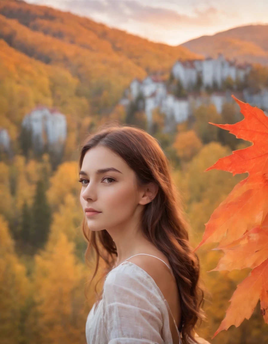 (beautiful skyline, magnificent sky), (dramatic and dramatic graphics, moving visuals), (hanging north star, colorful natural light), (an 18-year-old beautiful girl, bust), (casual dress, with backpack), (Canadian orange maple leaf mountain background)),upper body