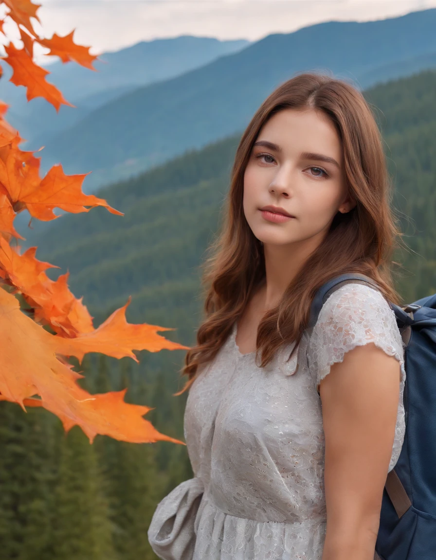 (beautiful skyline, magnificent sky), (dramatic and dramatic graphics, moving visuals), (hanging north star, colorful natural light), (an 18-year-old beautiful girl, bust), (casual dress, with backpack), (Canadian orange maple leaf mountain background)),upper body