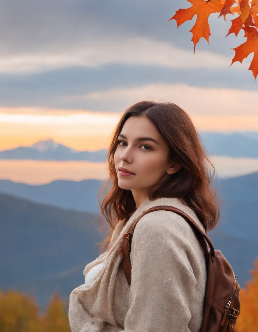 (beautiful skyline, magnificent sky), (dramatic and dramatic graphics, moving visuals), (hanging north star, colorful natural light), (an 18-year-old beautiful girl, bust), (casual dress, with backpack), (Canadian orange maple leaf mountain background)),upper body