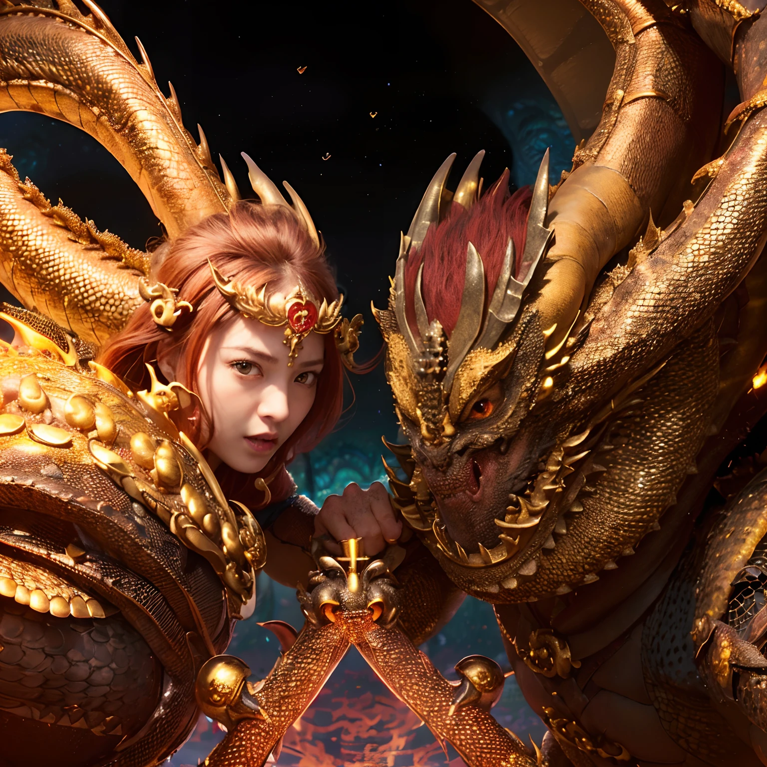 (The Ultimate Beauty Face), Professional , masterpiece、top-quality、photos realistic , depth of fields (Gemstone Black Metal Body:1.4),(Matte Gold、(cleavage of the breast)、Dragon Gold Weapon,Mystical expression、Particles of light、((((Fight dragons)))、(Dragon Metal Body:1.4),Gorgeous gold weapons ,(( Dragon's dense and gorgeous sword)) , Beautiful knife ,warhammer 40k , adepta sororitas,Detail and gorgeous crown、((Red hair))、(Castle background)、、((Gangle's forest background))、Beautiful Caucasian beauty、1a person、dynamic ungle,(((Detailed and ornate Black Devil Crown)))、Smaller head、A smile、Castle background、Thin and beautiful female hands、cleavage of the breast、Soldier in iron armor on background、Mystical expression、Light Effects、intense fighting、Wind-effect、magic circles、With the legendary magic wand、(demonic wings)、