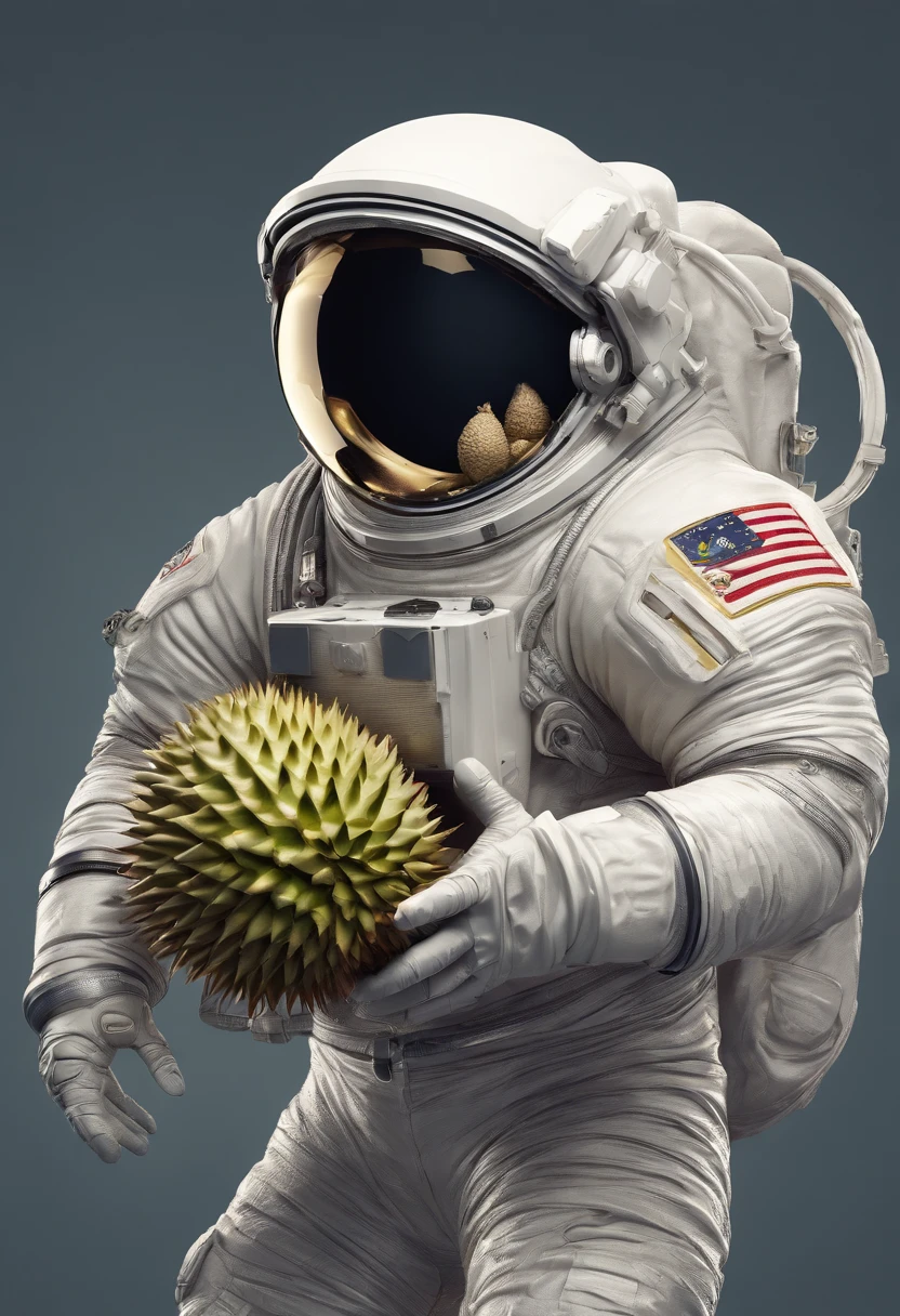 An astronaut carrying a durian fruit in space,