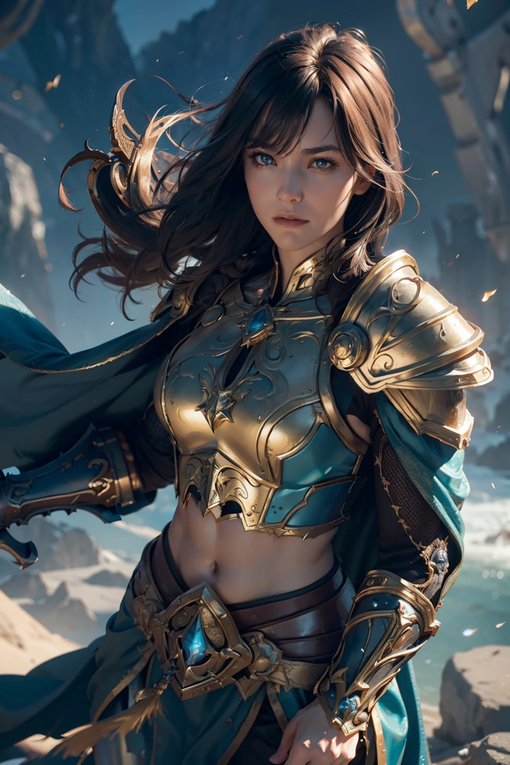 ((Well toned abs)), 8K, Ultra Definition, of the highest quality, (Very detailed), Dynamic angles, mysterious look, Wind-effect, Fantasy background, Rim lighting, Cinematic lights, Ultra High Resolution, 8K UHD, Film grain, better shadows, Gentle, raw, light Particle, Detailed skin texture, detailed armor texture, Detailed face, Intricate details, super detailed, Bright, Strong, golden armour, (Holding hammer), Slashing, Crushing action, pauldron, Long cape, Fantasy, (Realistic), Shoulder Armor, Convoluted, with an intricate, Perfect Lighting, watching viewer, Cinematic lighting, Flying Keywords: Flying, Holy Light, Vibrant, Bangs, Wind, Paladin