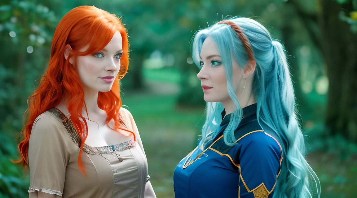 Two women with long red hair and blue eyes looking at each other