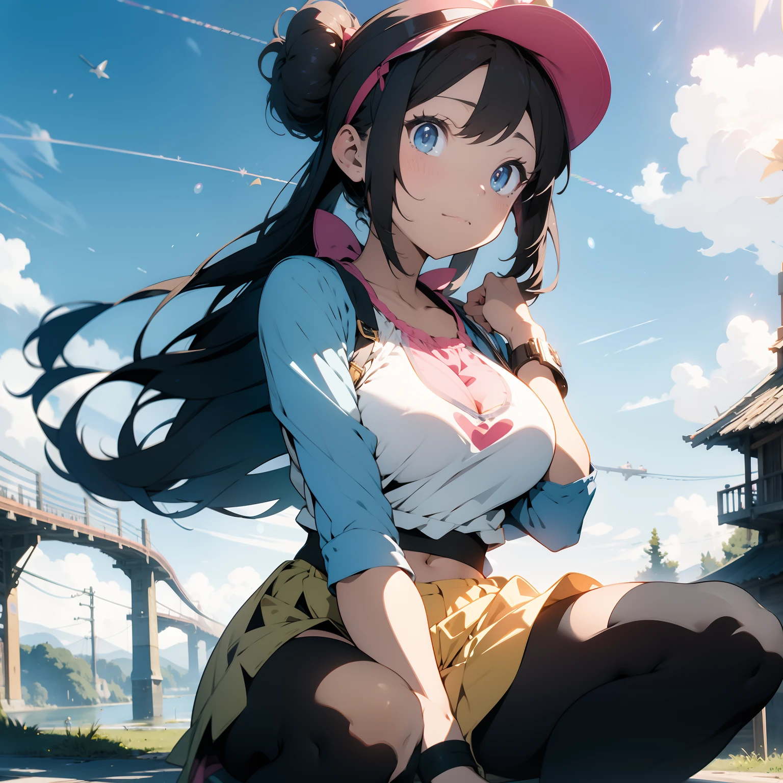masterpiece, best quality, cowboy shot, ro1, hug, hair bun, blue eyes, twintails, visor cap, pantyhose, raglan sleeves, yellow skirt, crop-top, pink bow, wristwatch, (colorful), volumatic light, bust shot, extremely detailed CG unity 8k wallpaper,intricate, castle, sky, cloudy_sky, fantasy, windy, sun light, big chest, cleavage, full body chest, Grab your own breasts, One girl, masturbation from below, sitting on the floor, Grab your own breasts, Spread your legs, Raise your legs, pink panties