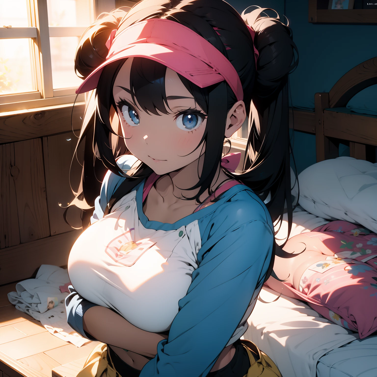 masterpiece, best quality, cowboy shot, ro1, hug, hair bun, blue eyes, twintails, visor cap, pantyhose, raglan sleeves, yellow skirt, crop-top, pink bow, wristwatch, (colorful), volumatic light, bust shot, extremely detailed CG unity 8k wallpaper,intricate, indoors, bed, big chest, cleavage, full body chest, Grab your own breasts, One girl, masturbation from below, sitting on the floor, Grab your own breasts, Spread your legs, Raise your legs, pink panties