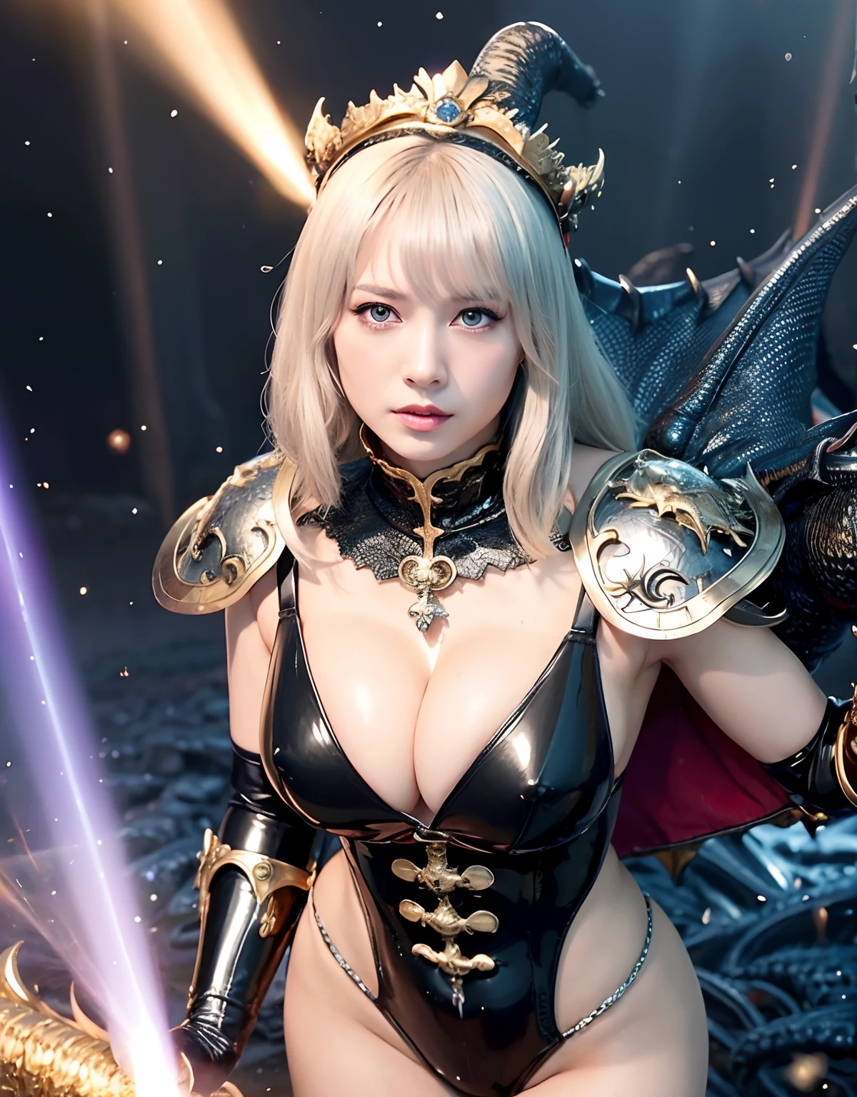 ((World of Darkness)),Professional , ​masterpiece、top-quality、photos realistic , depth of fields 、Golden Magic Wand、(((Fight dragons))),（Dragon Black Metal Body:1.9),(latex black-blue、（cleavage of the breast）,（Fight dragons）、、(((Particles of light))),（Micro Bikini Armor:1.7),Gorgeous gold weapons ,（Fight dragons）、Seductive look、The face of the dragon is out、（blood splattere、Armpit、（(((With a magic wand))), ） , (((Wearing a black latex wizard hat))),（demonic wings）   ,（（a blond））、（Castle background）、（（Gangle's forest background））、Beautiful Caucasian beauty、１a person、Armpit、dynamic ungle,(((Detailed Silver Dragon Wizard Hat)))、Smaller head、A smile、Castle background、Thin and beautiful female hands、cleavage of the breast、Soldier in iron armor on background、Mystical expression、Light Effects、intense fighting、Wind-effect、magic circles、With the legendary magic wand、Dragon's tail、explosions、Toostock、Toostock、(Beautuful Women),