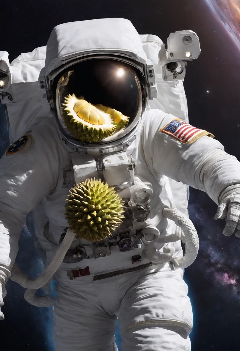 An astronaut carrying a durian fruit in space,