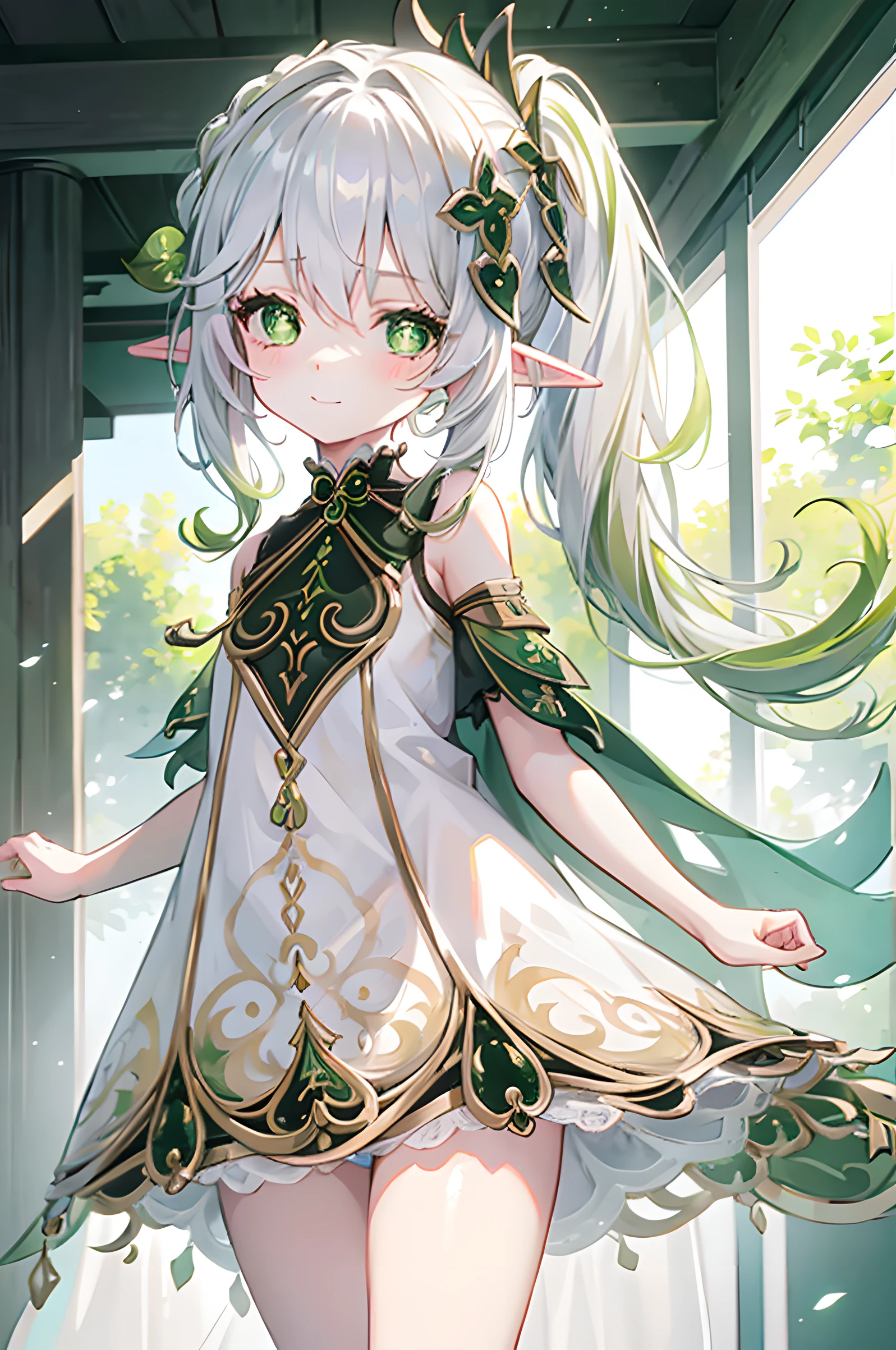 1 , white hair, ponytail, hair piece (green), green and white theme dress, green eyes, smile, indoor, simple background, cute, elf, perfect face, looking at viewer, Nahida, Genshin Impact, best quality, expressive eyes, blush, day, masterpiece, 8k, ray tracing
