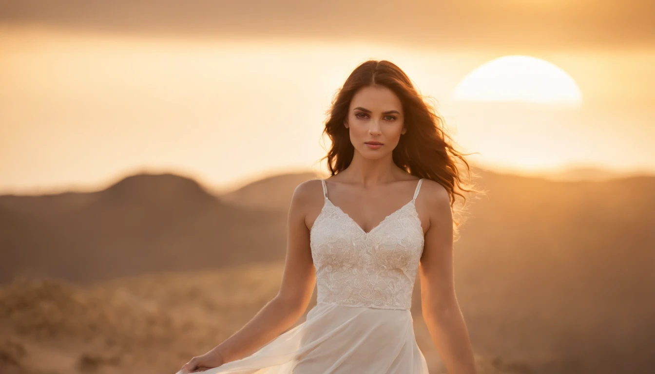 full-length photo Of A Beautiful Woman, Unique Dress, Vibrant, Depth of field, In Beautiful Dress, (( Natural Light)), (( Sunny Day )),(( Beautiful Clear Brown Eyes )), long Brown Hair, (( Unique Hair Ornament )), In Centre, (( Photorealistic )), DSLR, Highly Detailed, 4k, Extreme Details, Realistic, (( Wide Shot )), full-length photo, full-body shot