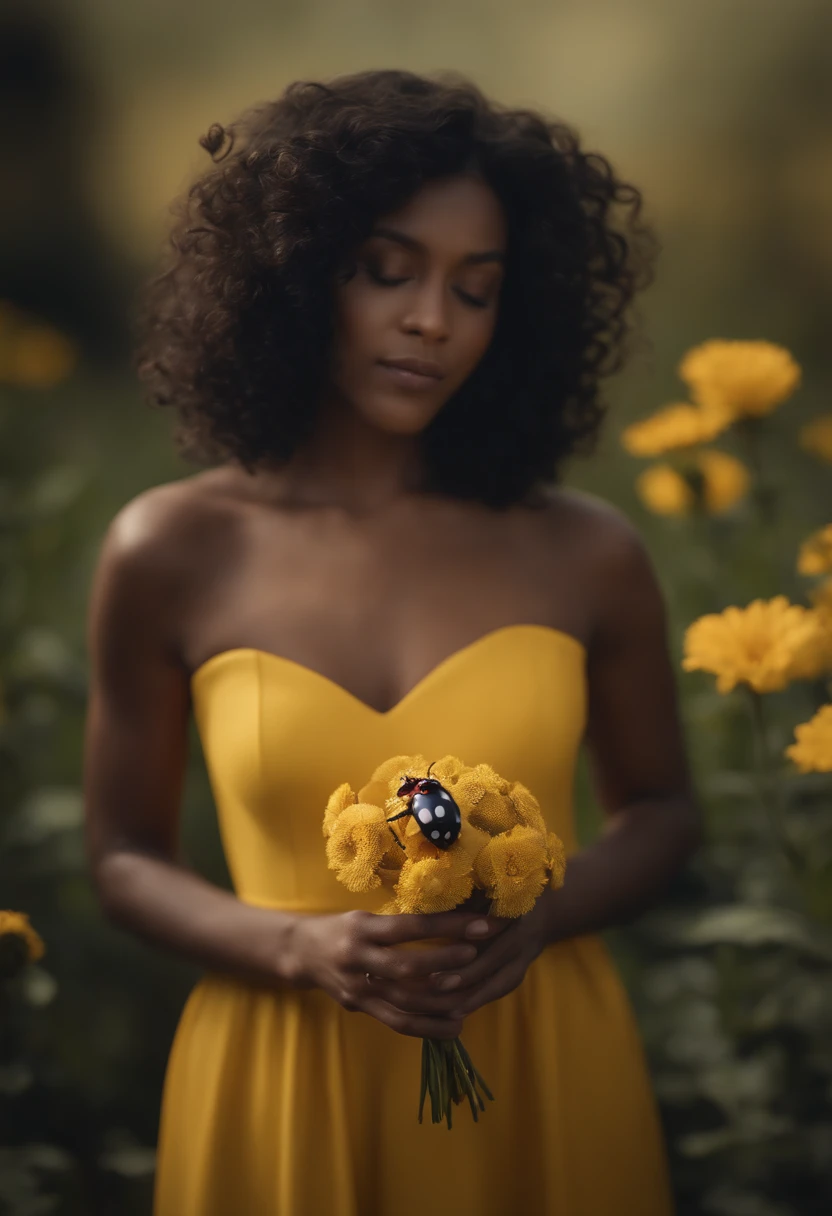 baby black skin tone, black curly hair, dark brown eye, yellow dress with flowers, holding a ladybug in hand, silver background, 8k, 3D.