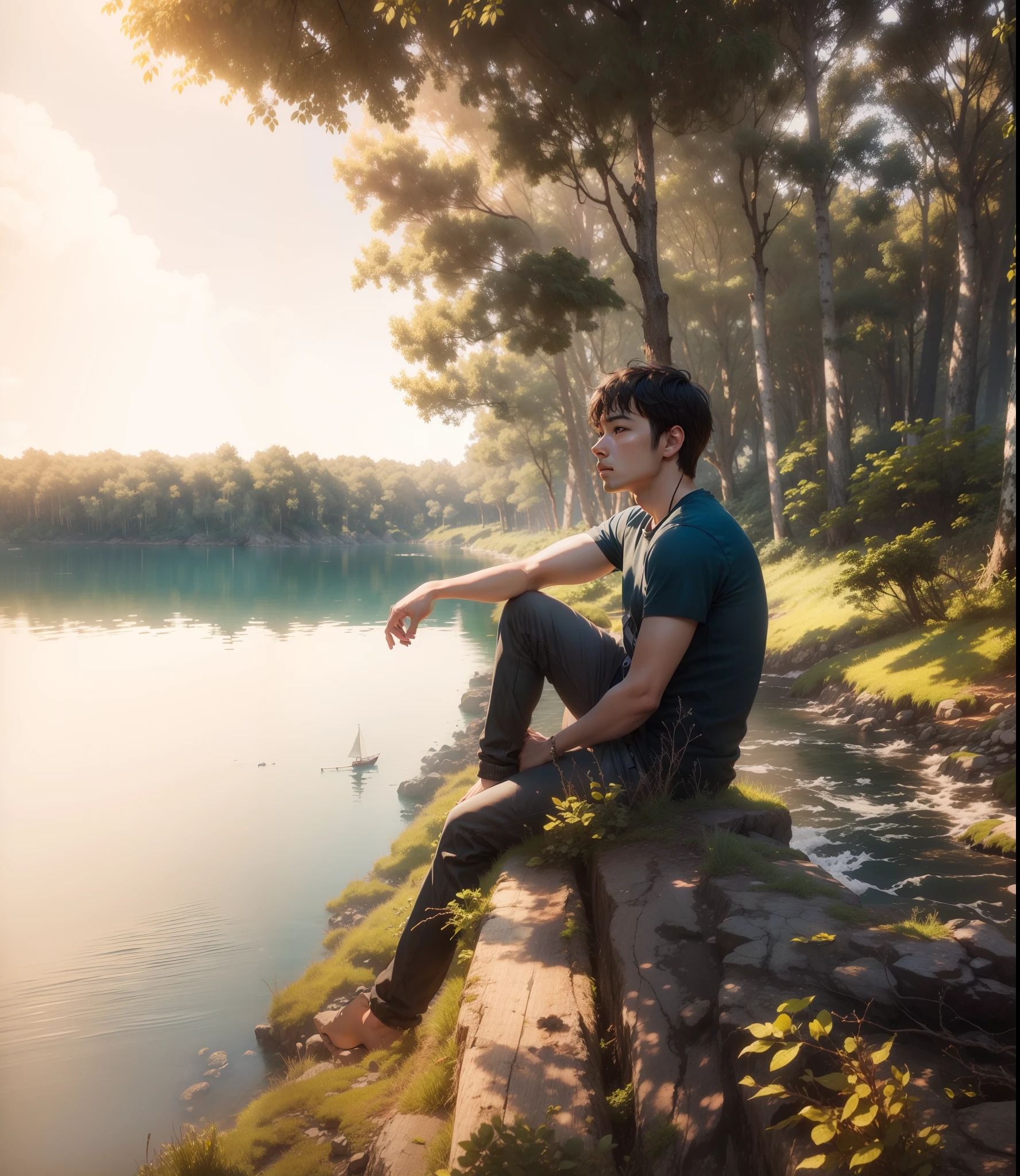 Realistic, facing at a sea, sitting alone,trees in the back , ultra realistic face,
