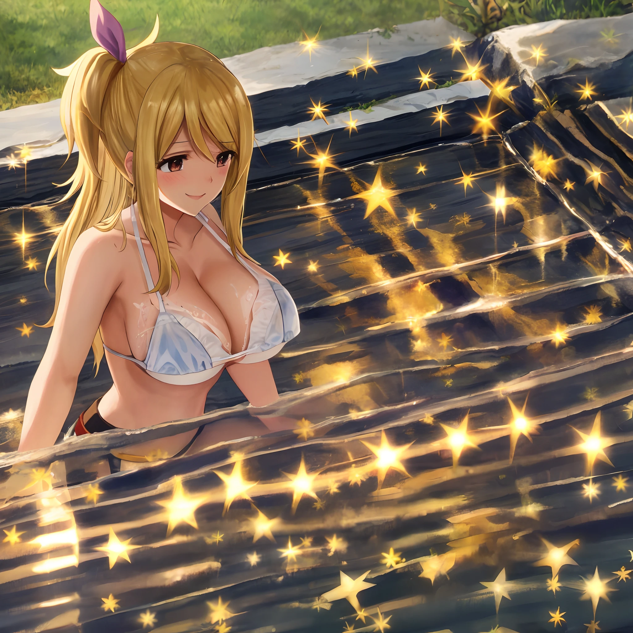 Lucy Heartfilia, 1girll, 独奏, blond hairbl, with brown eye, long whitr hair, 耳Nipple Ring, jewely, ssmile, ribbons, tress ribbon, Take off the upper body(nakeness),private parts(nakeness),sit astride,On men,Sexual ,Milk liquid,Orgasmic face,Sexual huge breasts cleavage,The subject